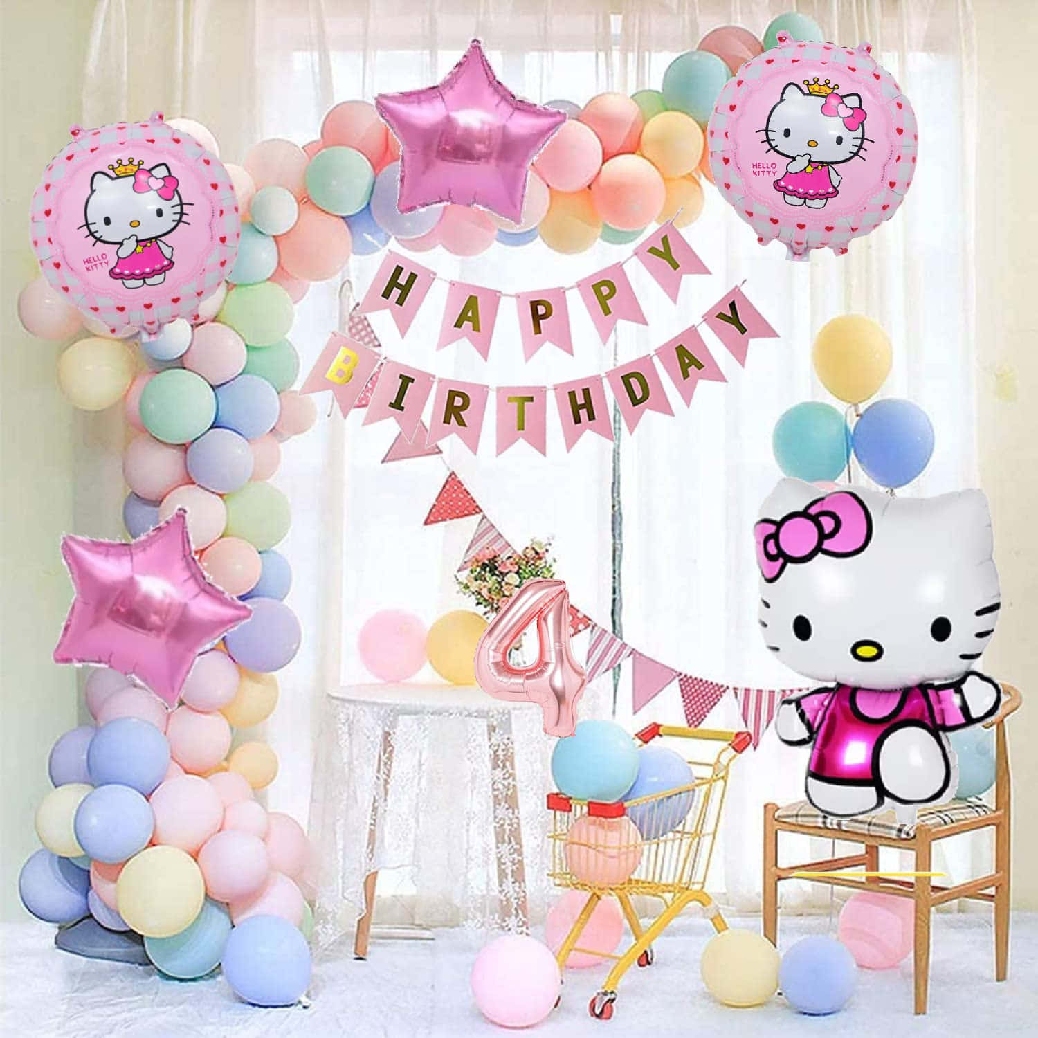 Hello Kitty Party 桌布 壁紙 — 一個歡樂的Hello Kitty生日佈置，配有粉彩氣球、粉紅色橫幅和一個坐在椅子上的大型Hello Kitty氣球。