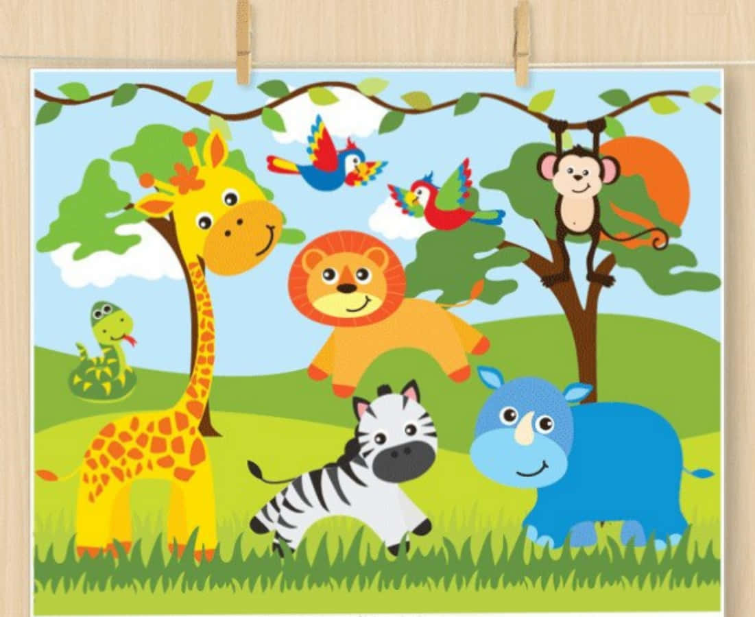 Clipart 桌布 壁紙 — 一個歡樂的卡通叢林場景，有微笑的長頸鹿、獅子、斑馬、犀牛、猴子和鸚鵡，在藍天下。