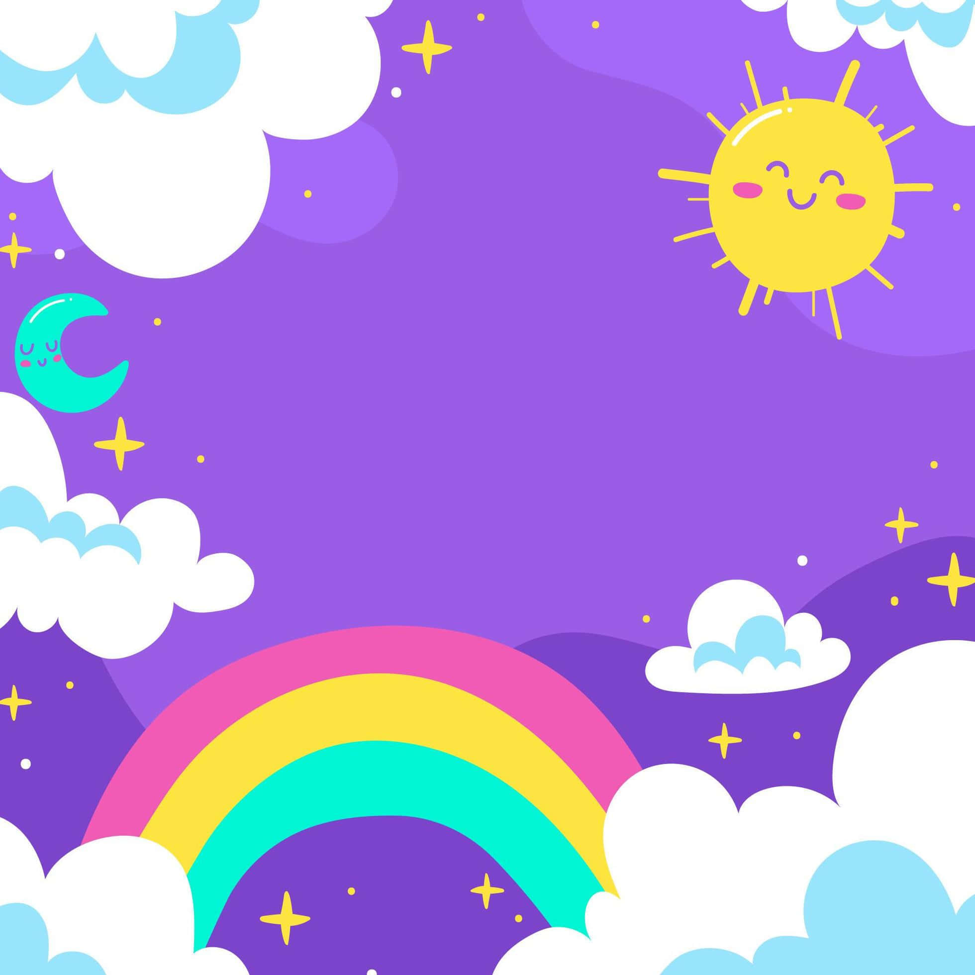 Kawaii Rainbow 桌布 壁紙 — 一個歡樂的卡通天空，有微笑的太陽、月亮、彩虹和雲朵，背景為紫色。