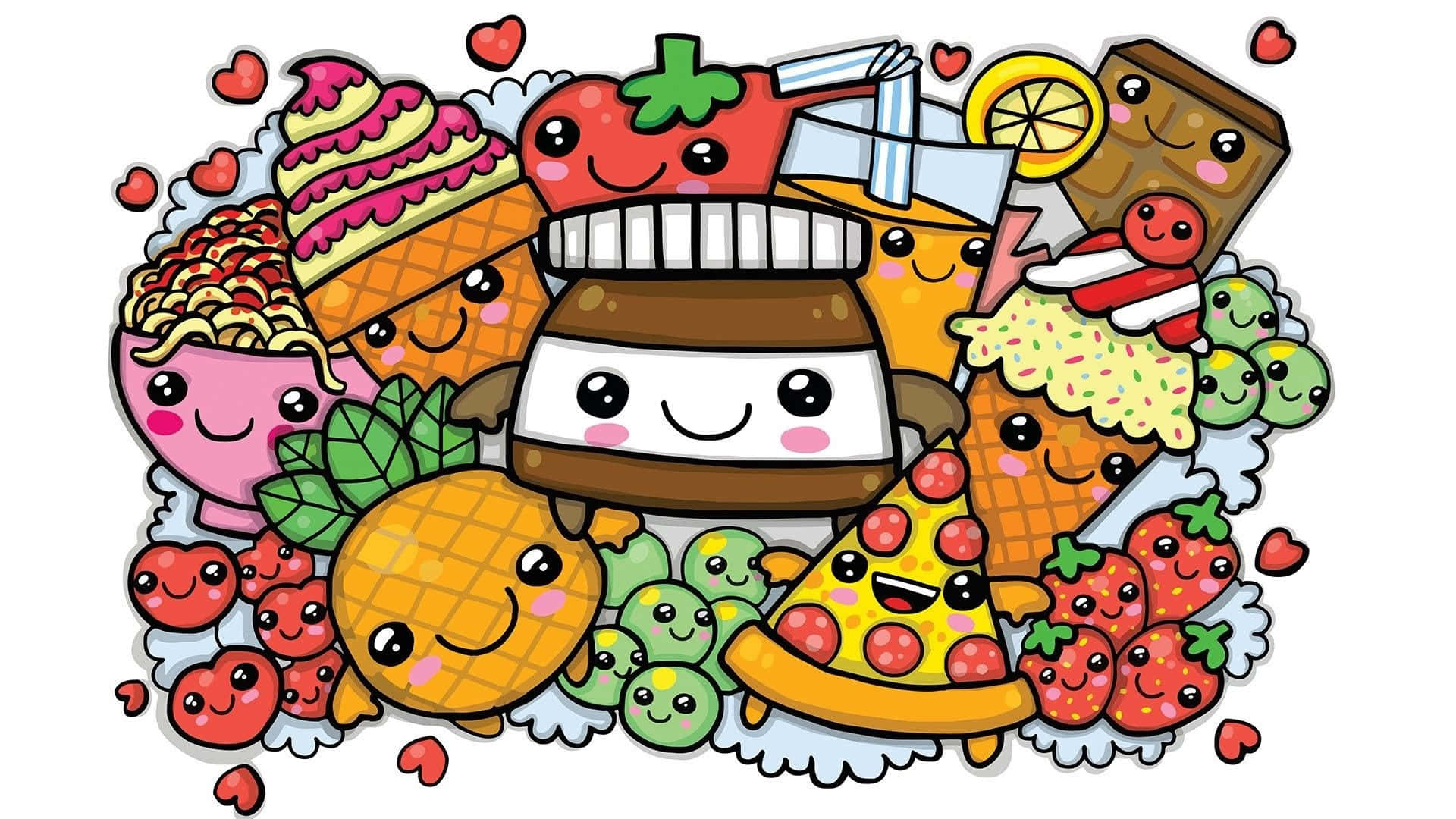 Cute Food 桌布 壁紙 — 一個歡樂的卡通拼貼，包含微笑的食物如薄餅、雪糕和草莓，周圍環繞著心形。