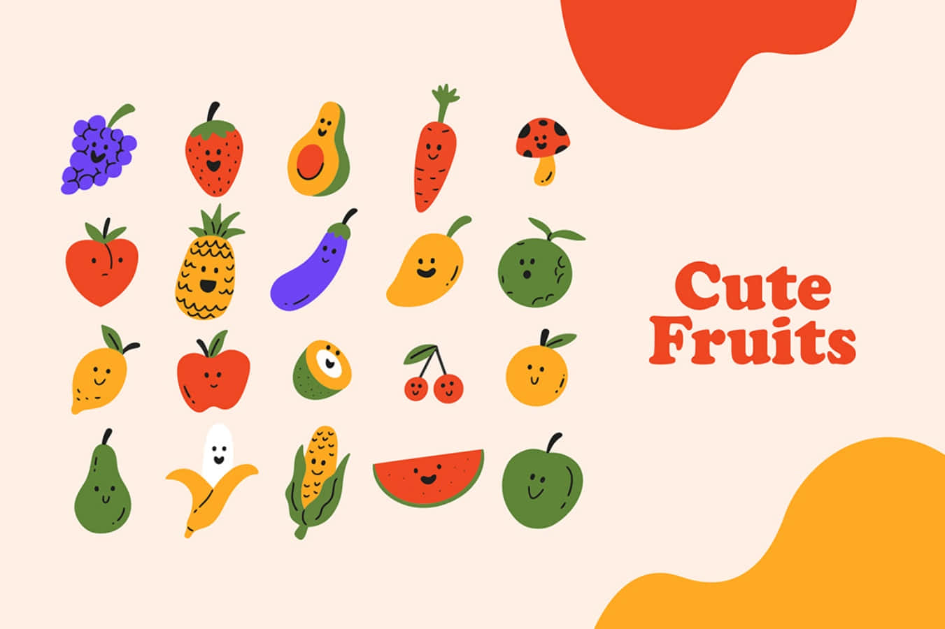 Clipart 桌布 壁紙 — 一個歡樂的卡通水果和蔬菜系列，帶有笑臉，排列在柔和背景上。