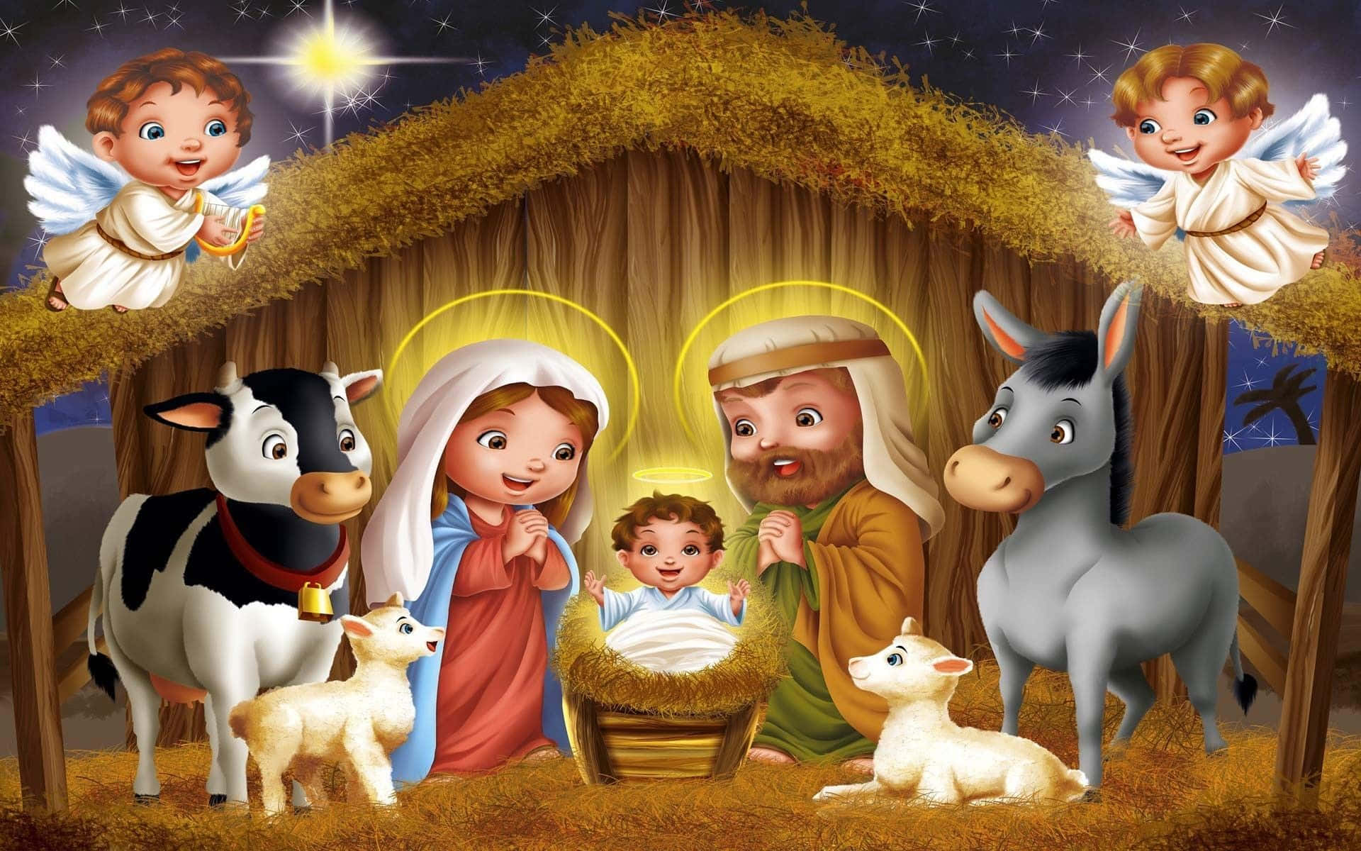 Nativity Scene 桌布 壁紙 — 一個歡樂的卡通耶穌誕生場景，有瑪利亞、約瑟、嬰兒耶穌、天使、牛、驢和羊，在繁星點點的夜空下。