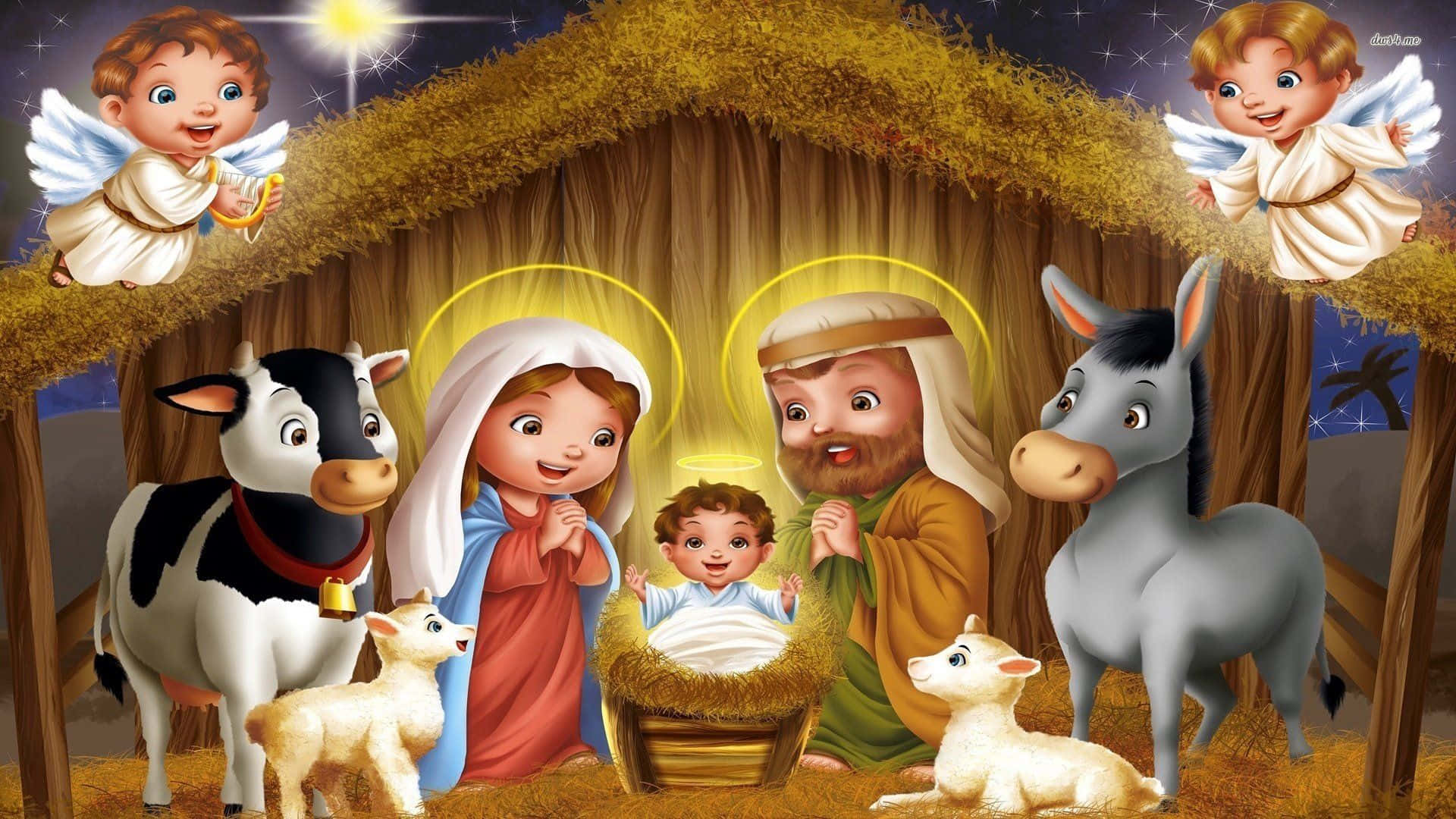 Nativity 桌布 壁紙 — 一個歡樂的卡通耶穌誕生場景，有瑪利亞、約瑟、嬰兒耶穌、天使、牛、驢和羊，在星空下。