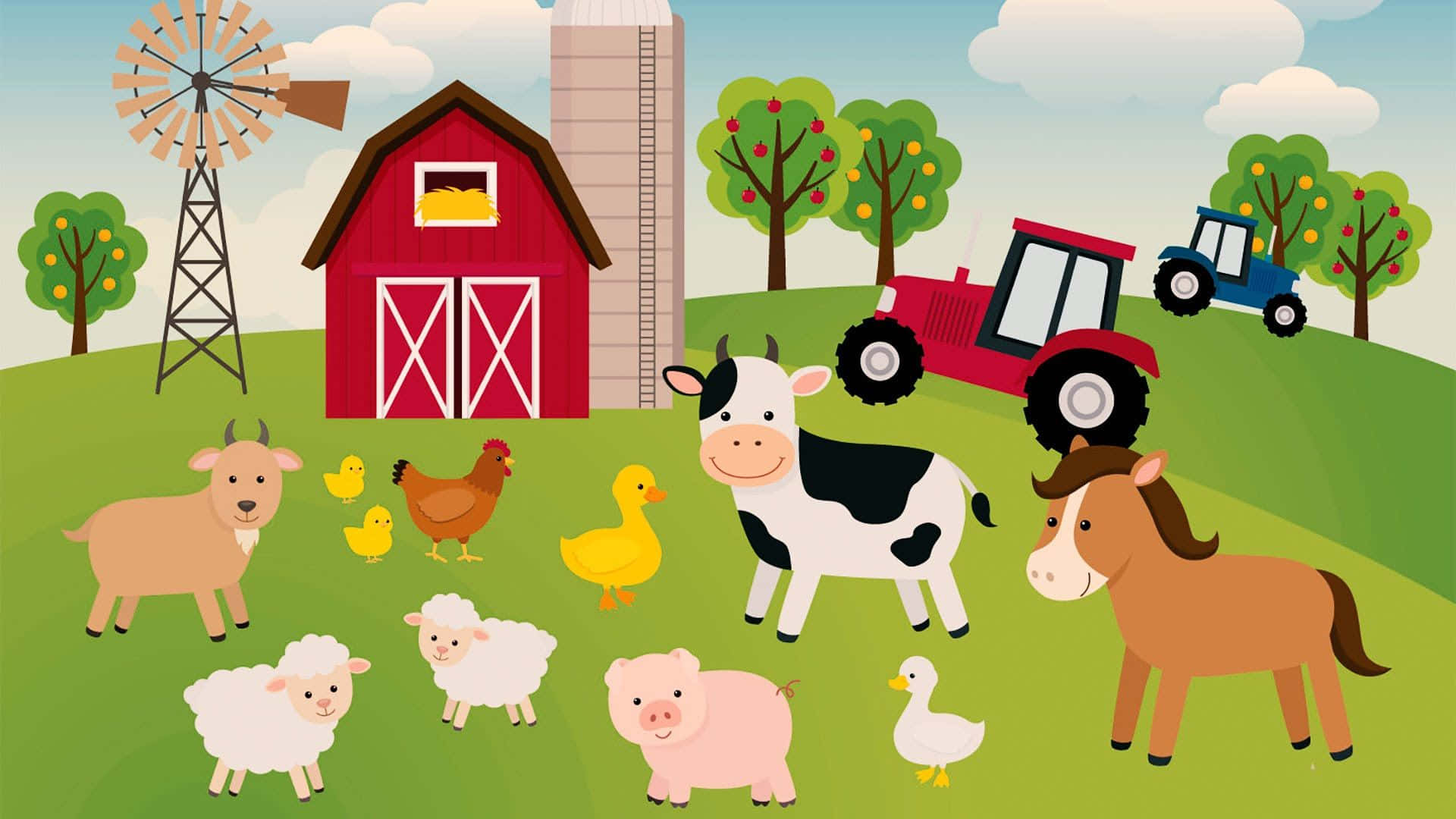 Farm Animal 桌布 壁紙 — 一個歡樂的卡通農場場景，有穀倉拖拉機和微笑的動物，在藍天下綠色的山丘上。