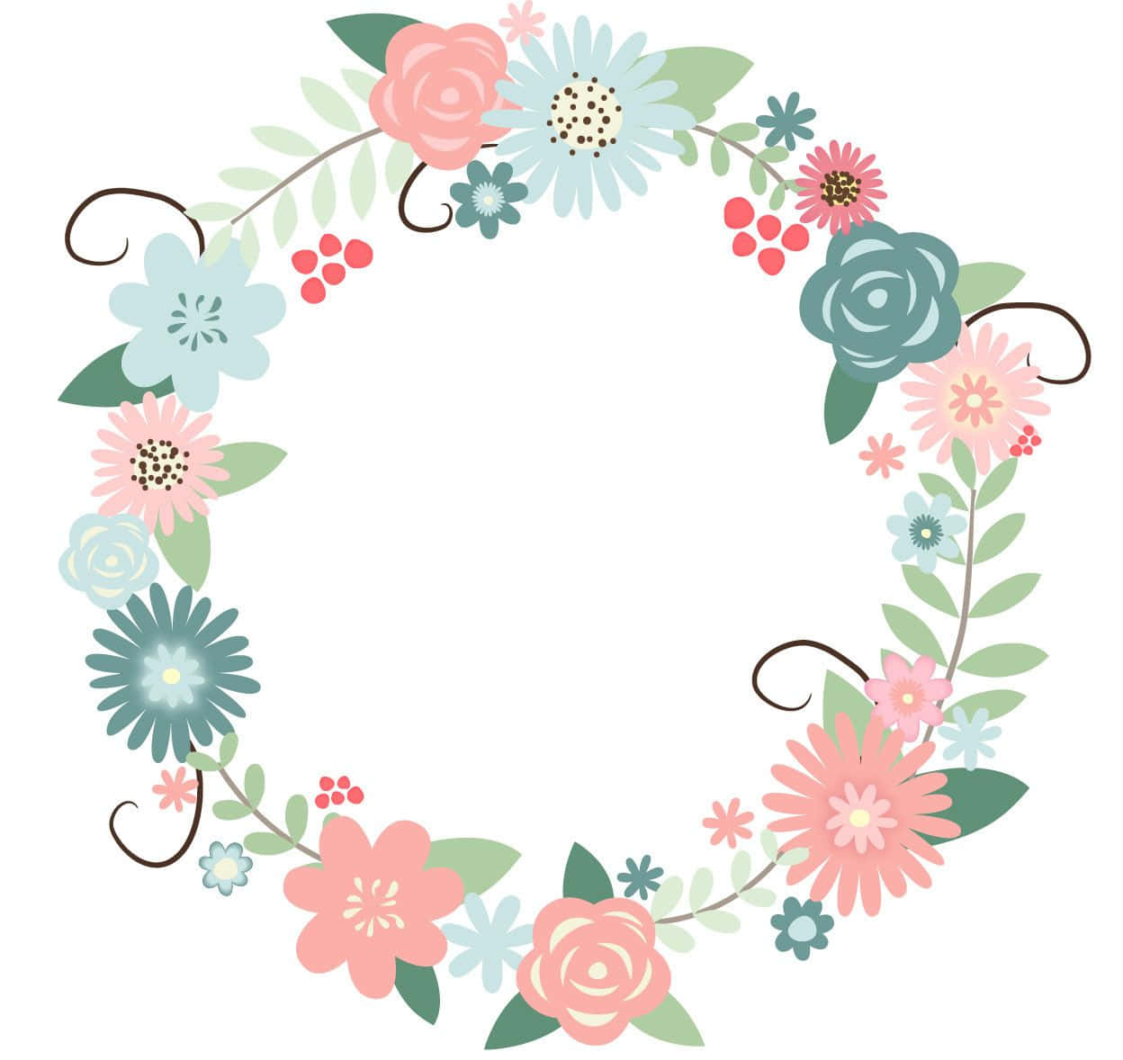 Floral Wreath 桌布 壁紙 — 一個歡樂的圓形花環，包含粉紅色、蜜桃色、藍色和藍綠色花朵、綠色葉子和紅色漿果，背景為白色。