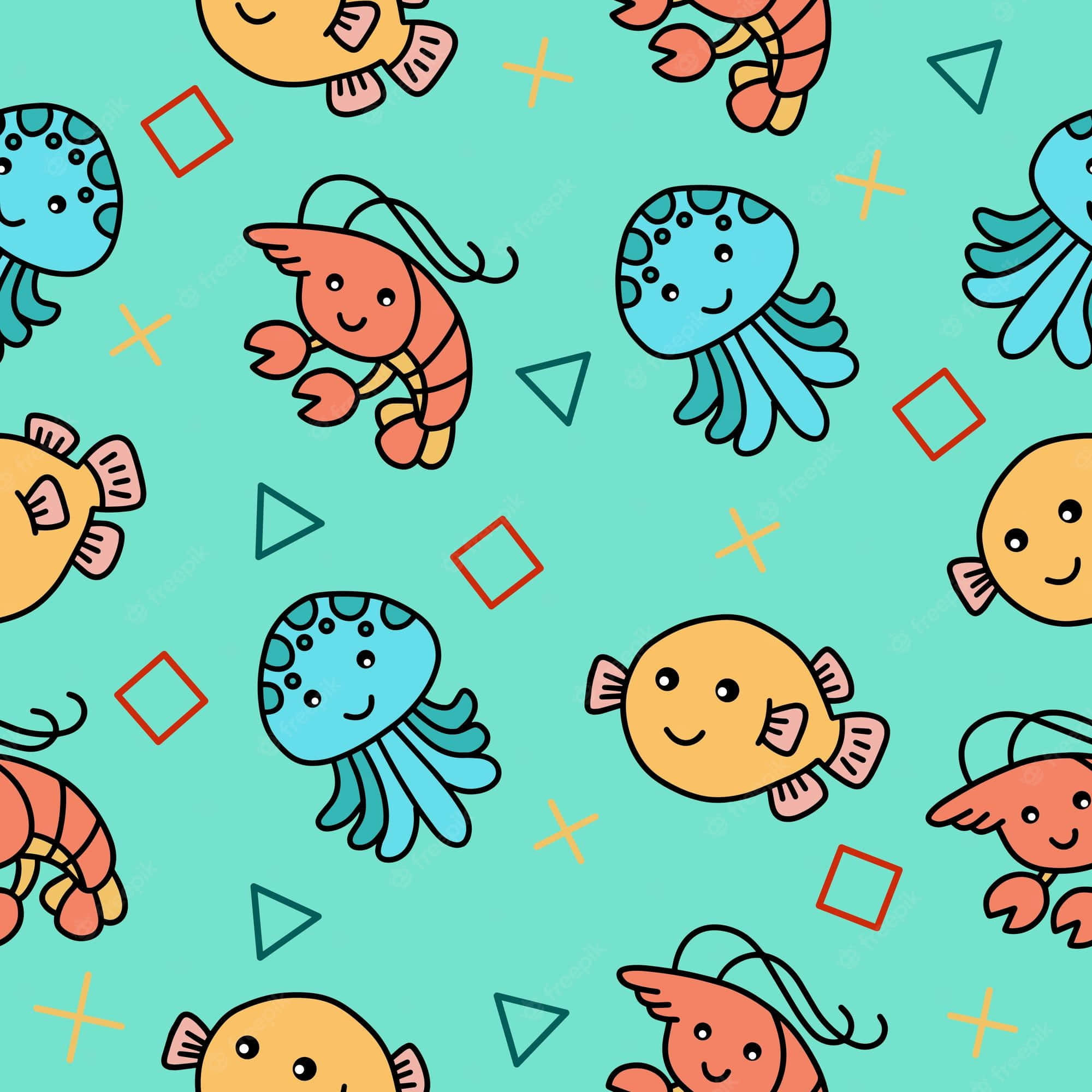 Kawaii Sea Creatures 桌布 壁紙 — 一個歡樂的圖案，卡通海洋生物如魚、蝦和水母在青綠色背景上的幾何形狀之間游動。