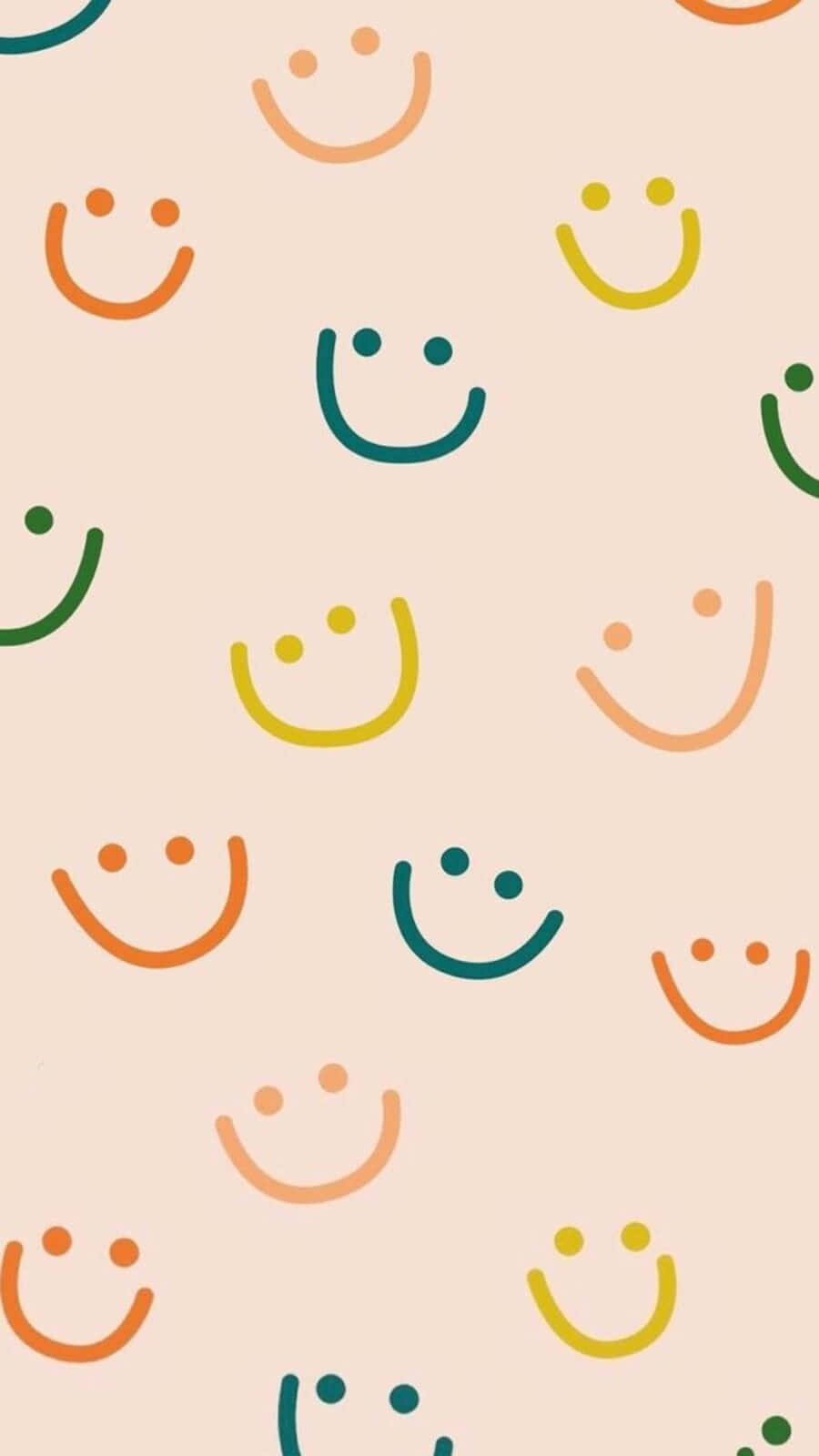 Aesthetic Smiley Face 桌布 壁紙 — 一個歡樂的牆紙，在柔軟的米色背景上散落著色彩繽紛的極簡笑臉。