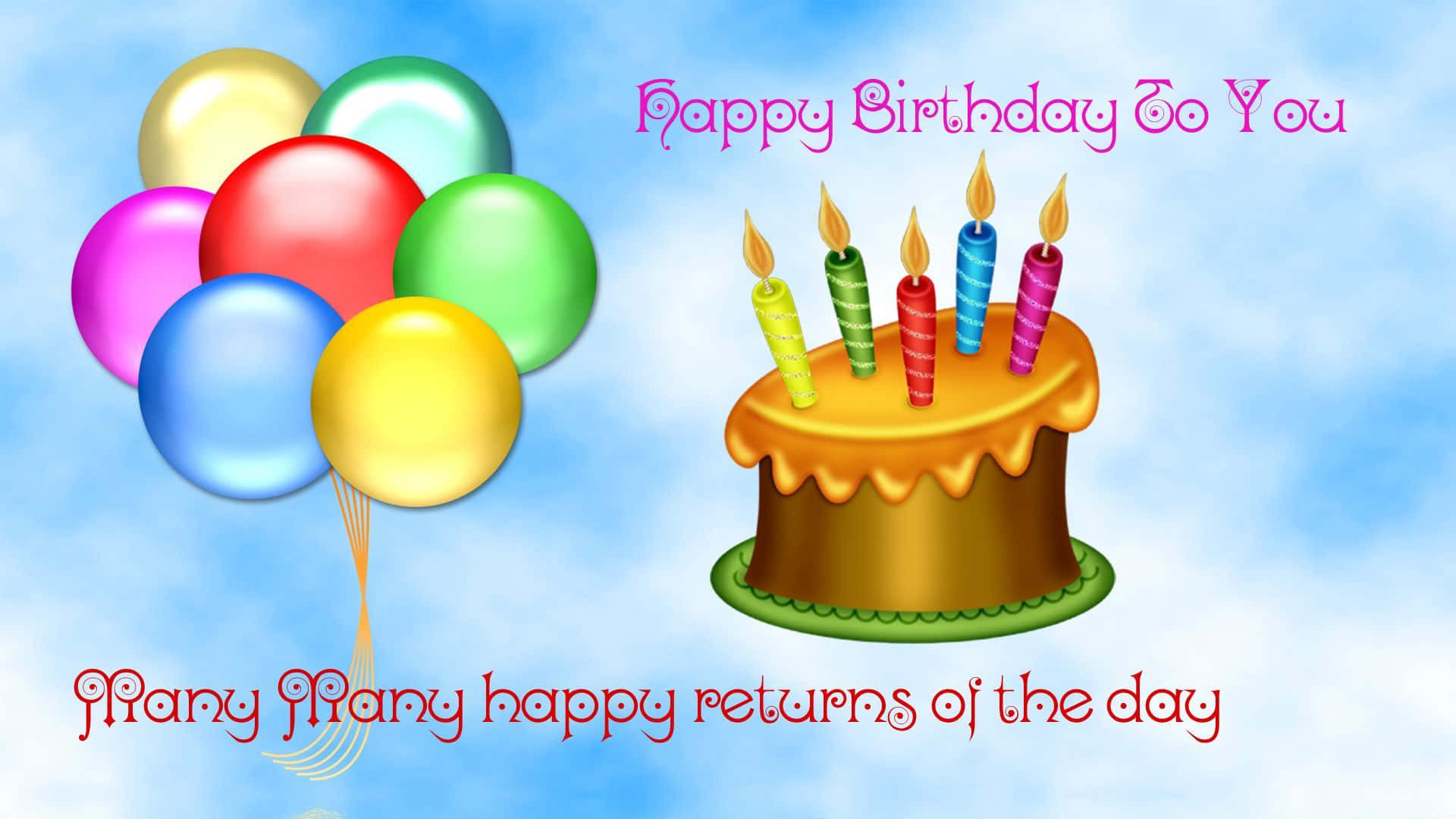 Birthday Wishes 桌布 壁紙 — 一個歡樂的生日蛋糕，點燃的蠟燭和彩色氣球在明亮的藍天中飄浮，帶有慶祝文字。