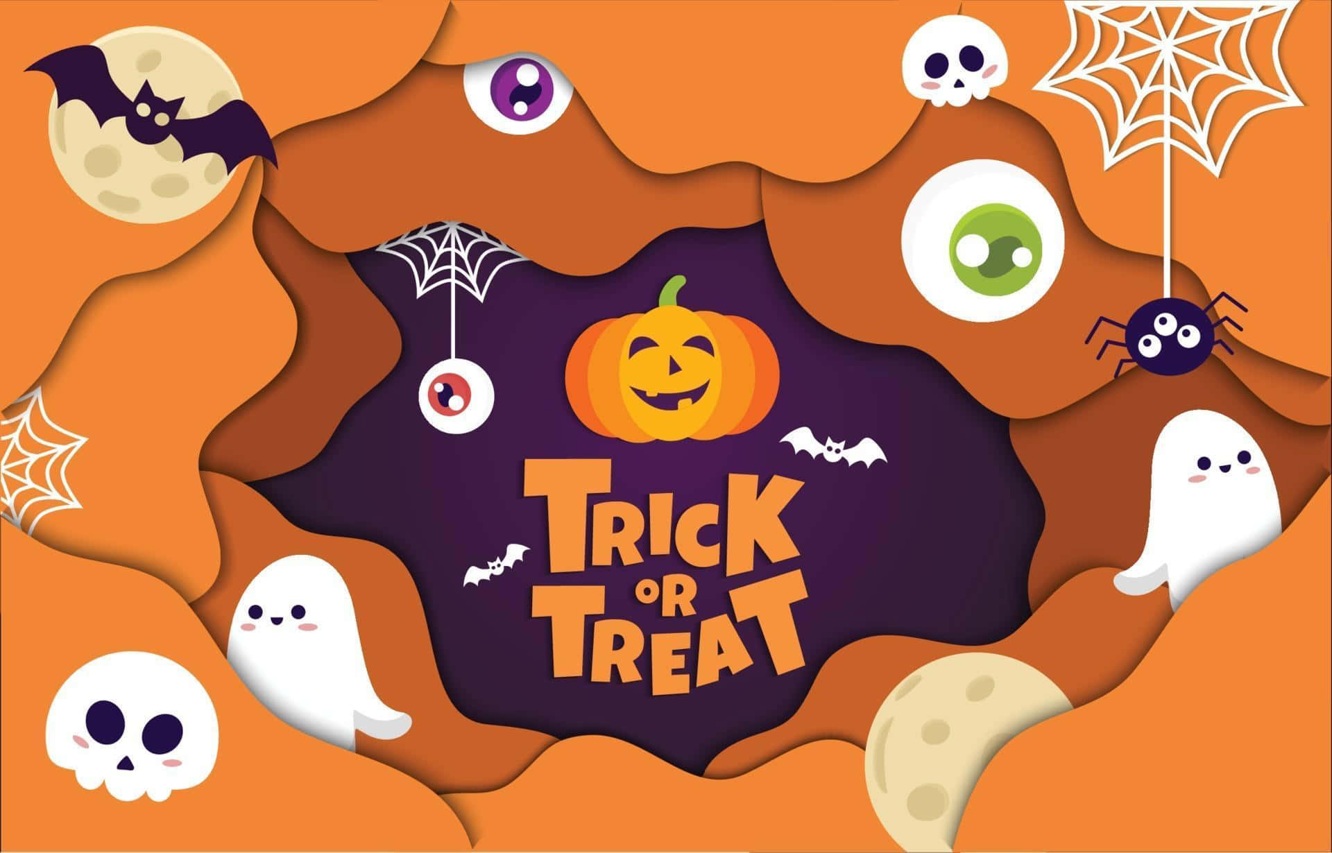 Trick Or Treat 桌布 壁紙 — 一個歡樂的萬聖節剪紙場景，有微笑的南瓜和'Trick or Treat'文字，周圍環繞著鬼魂、蝙蝠和眼球。