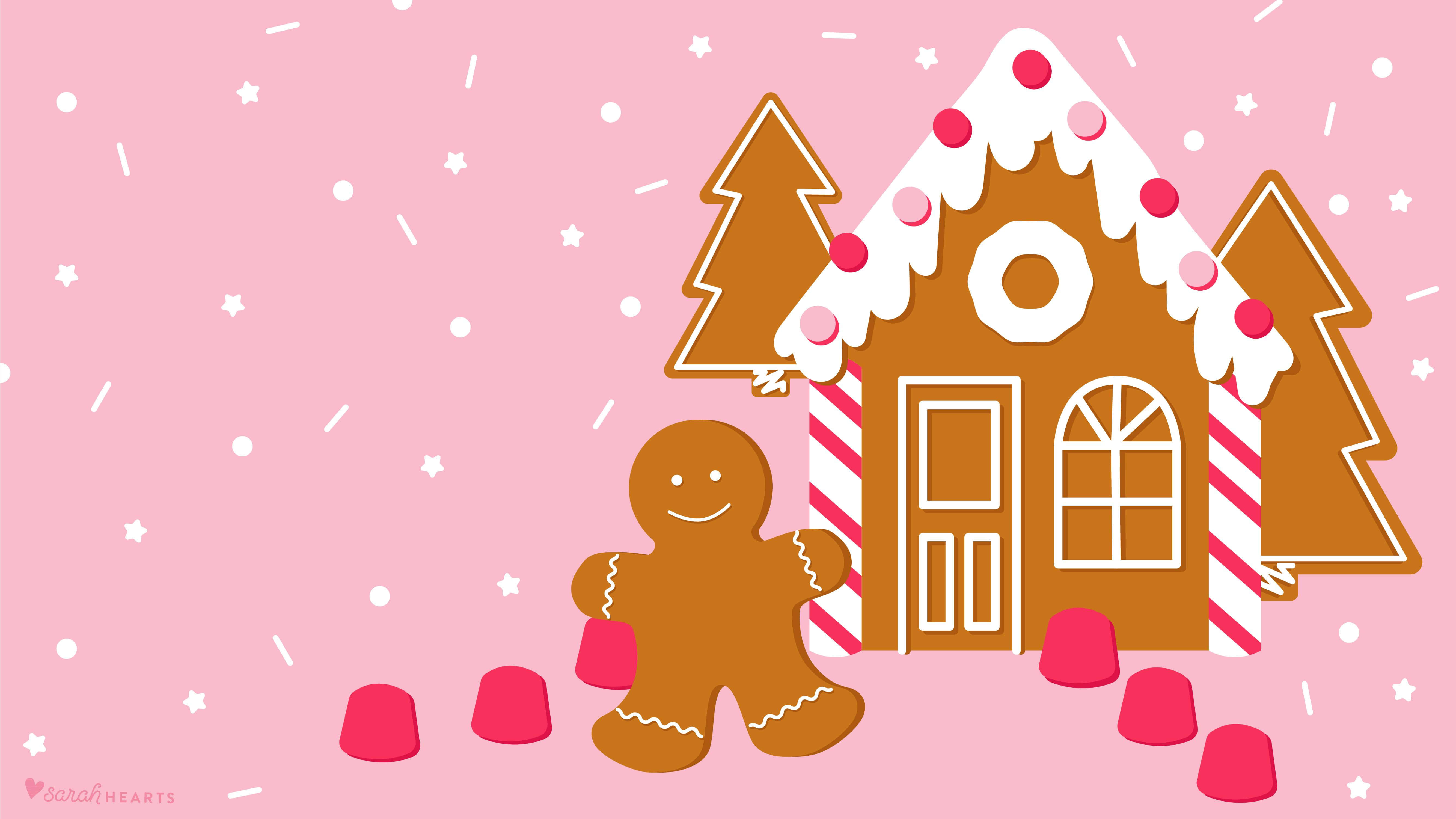 Gingerbread 桌布 壁紙 — 一個歡樂的薑餅屋，有拐杖糖柱子和一個微笑的薑餅人，背景是粉紅色，雪花飄落。