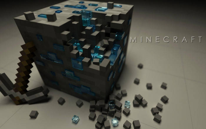 一個正在用鎬開採嘅Minecraft鑽石礦石方塊，露出發光藍色晶體。