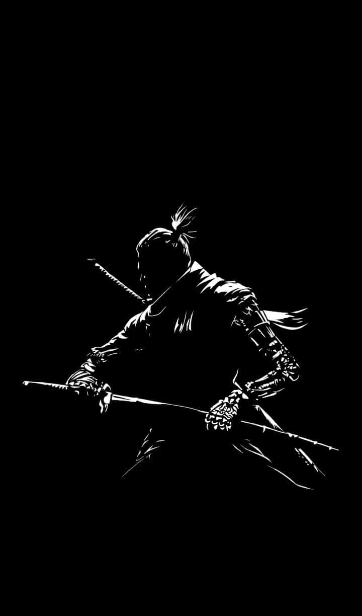  壁紙 — 一個武士在虛空背景下以動態姿勢手持武士刀的鮮明黑白剪影。