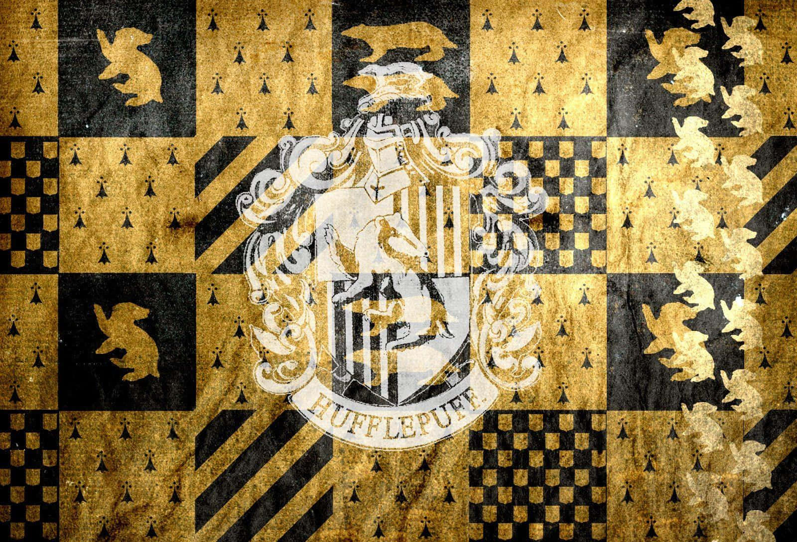 hufflepuff 桌布 壁紙 — 一個歷經風霜的赫夫帕夫學院徽章，置於金色和黑色格仔背景中央，並帶有獾圖案。