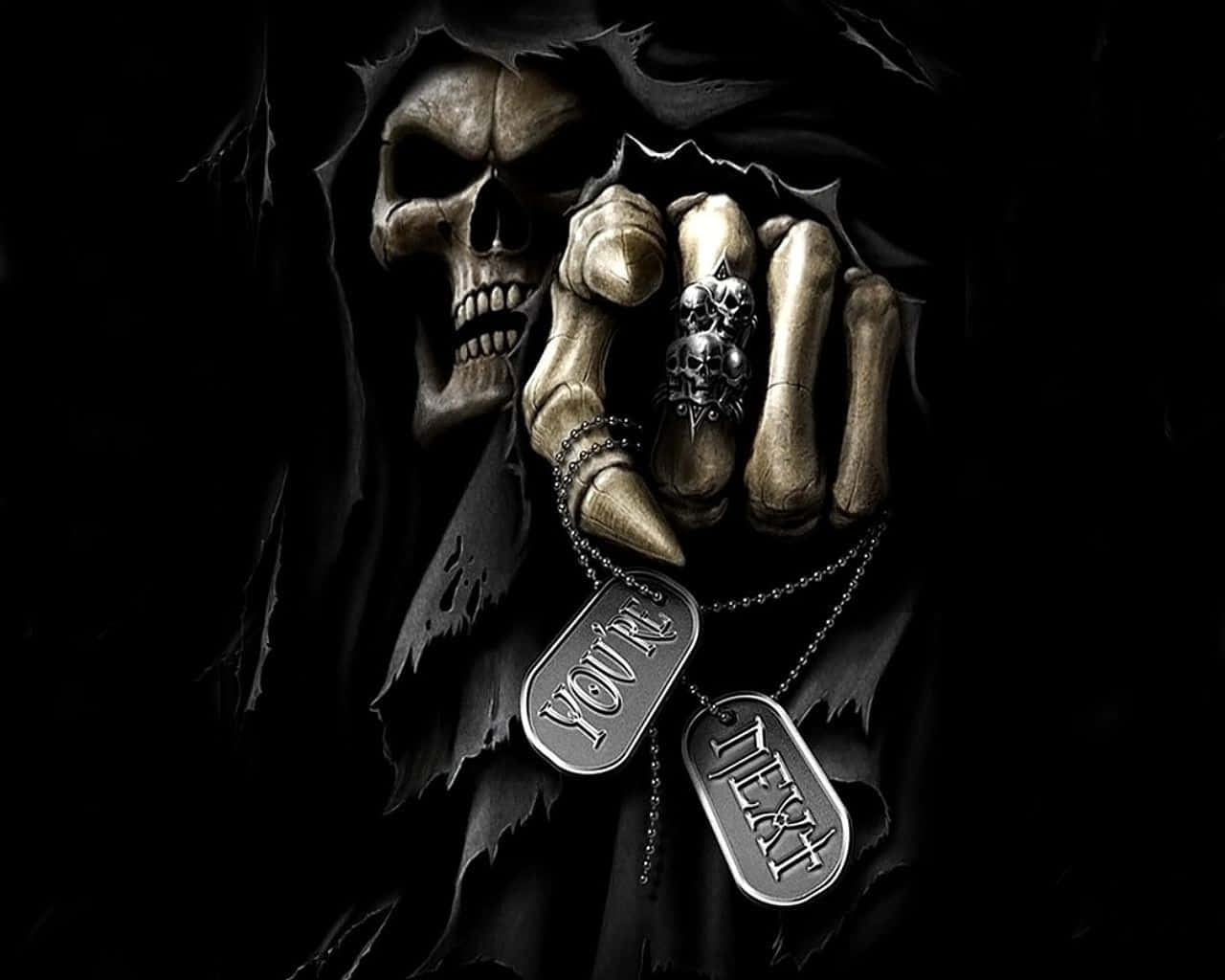 skulls 桌布 壁紙 — 一個死神骷髏頭，骷髏手拿著寫有「you're next」的狗牌，背景為深色破爛布料。