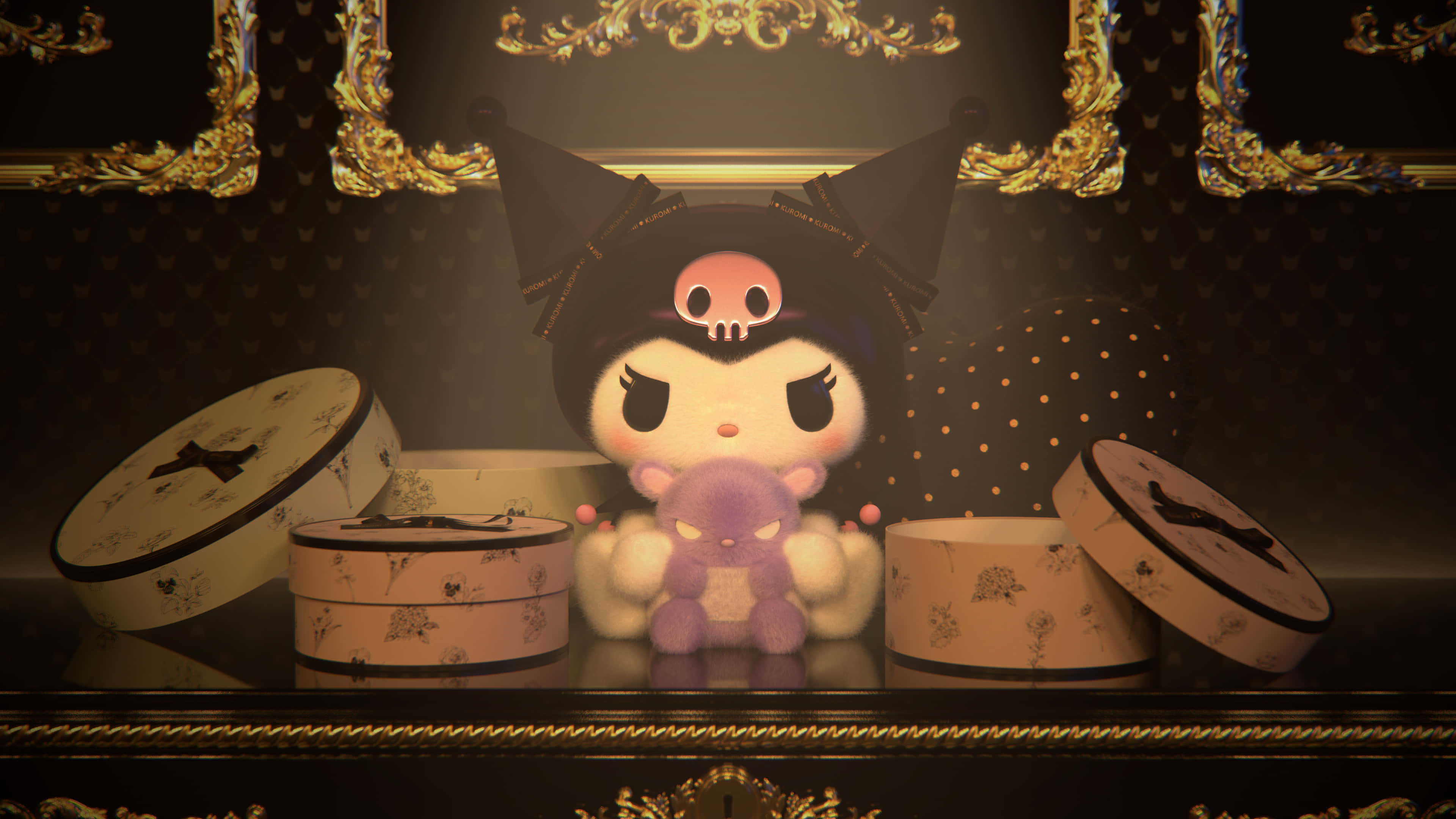 Kuromi Fanart 桌布 壁紙 — 一個毛絨絨的Kuromi公仔，帶有黑色貓耳和骷髏圖案，威嚴地坐在一個鍍金架子上，周圍是裝飾華麗的盒子，房間燈光昏暗、奢華。