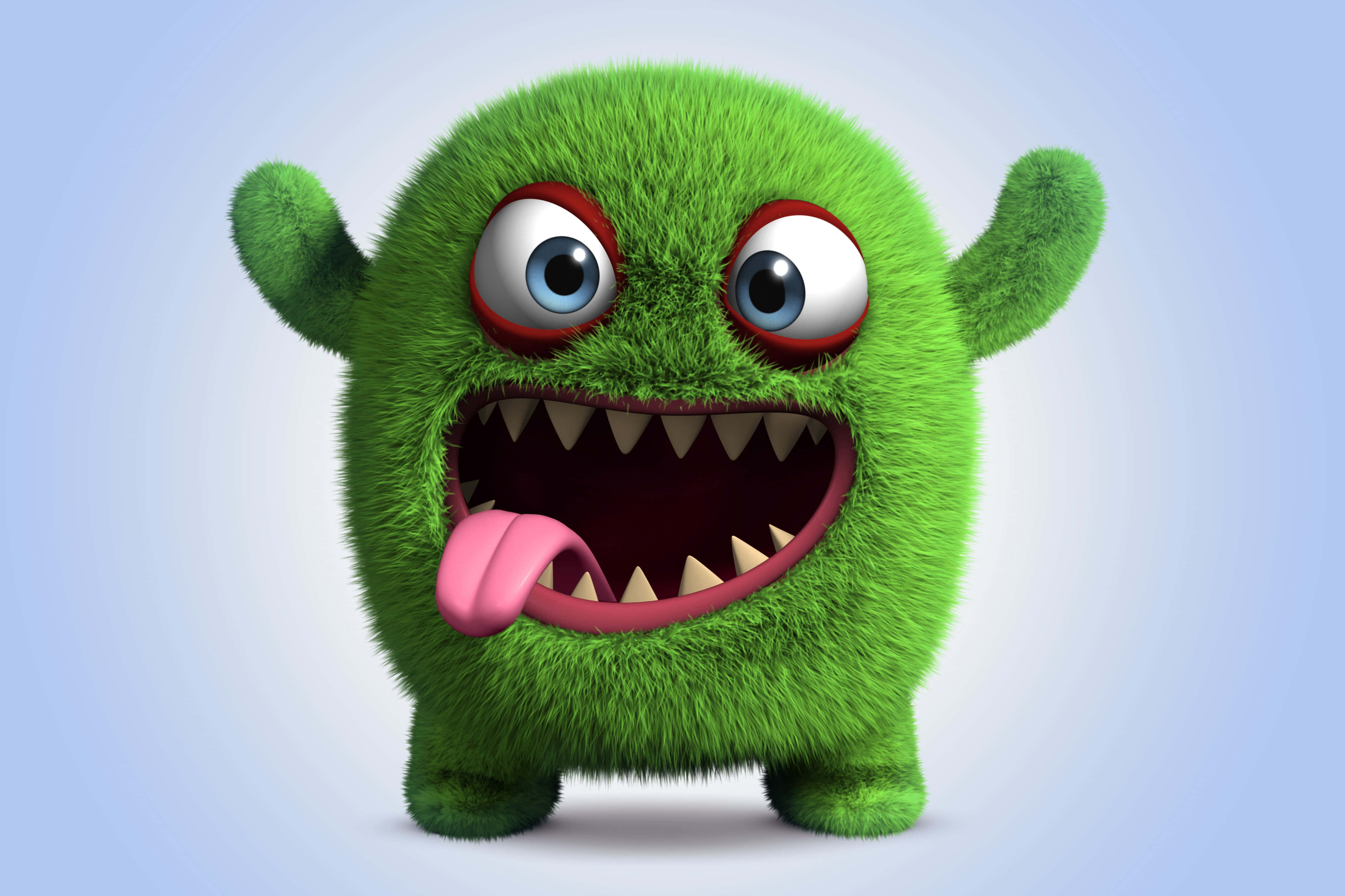 Kawaii Monster 桌布 壁紙 — 一個毛茸茸的綠色卡通怪物，有著大眼睛和寬闊的露齒笑容，在柔和的藍色漸變背景上伸出粉紅色的舌頭。
