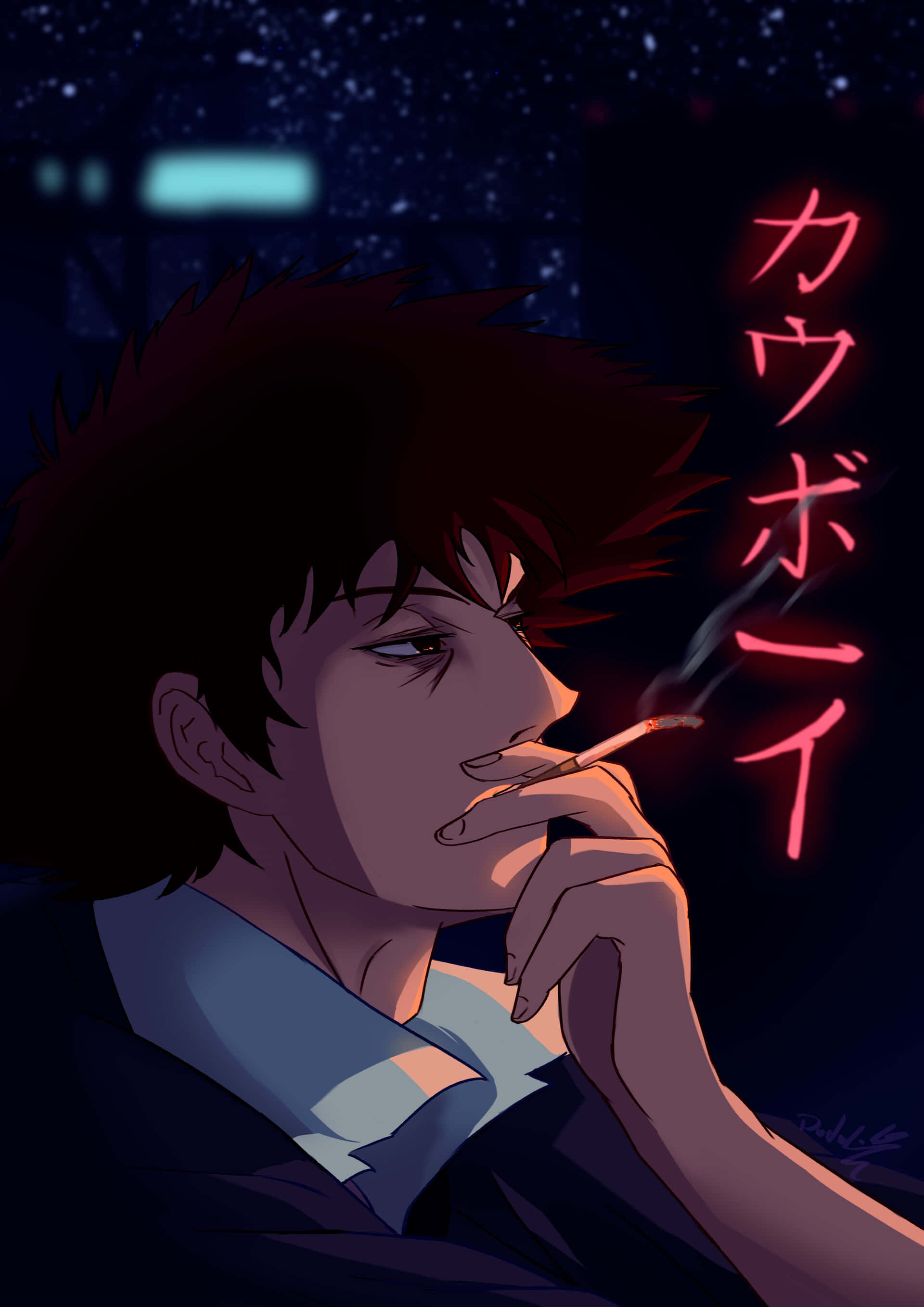 Spike Spiegel 桌布 壁紙 — 一個氣氛陰鬱的動畫牛仔在星空下抽煙，旁邊有發光的霓虹文字。