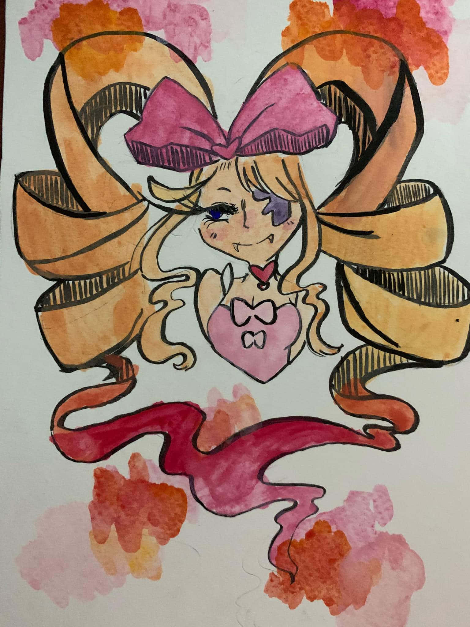 Nui Harime 桌布 壁紙 — 一個水彩動畫女孩，金髮，戴著一個大粉紅色蝴蝶結，閉著一隻眼睛微笑，周圍環繞著飄逸的絲帶和溫暖的色彩飛濺。