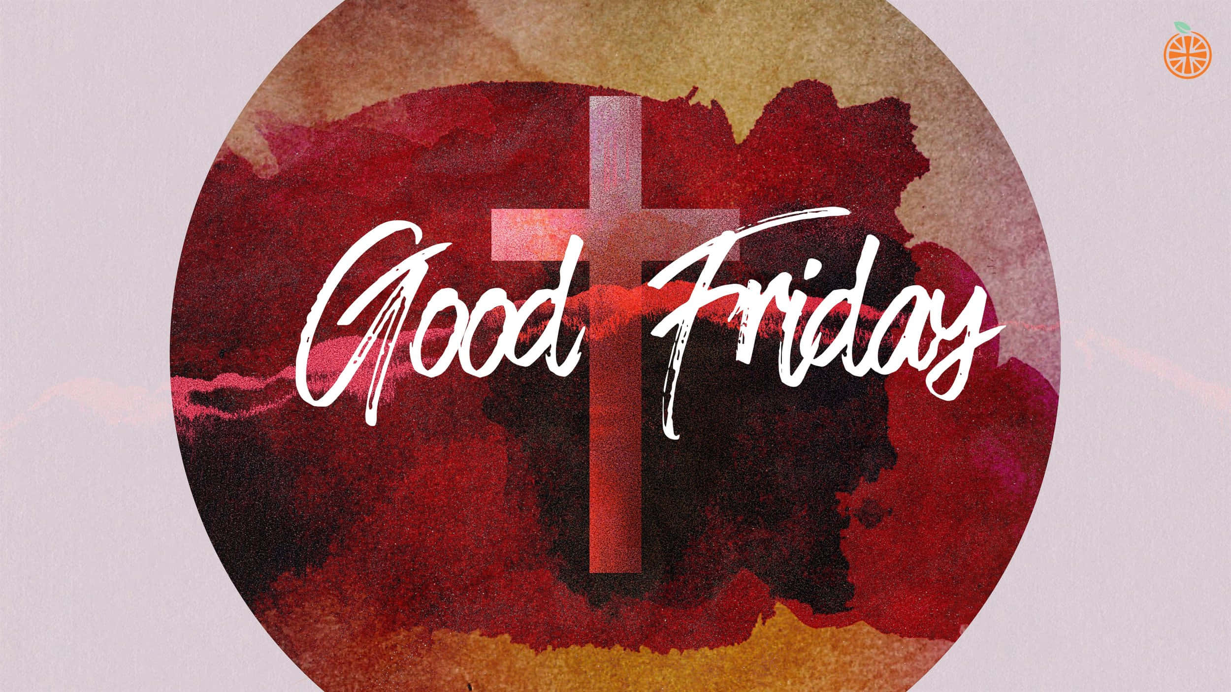 耶穌受難日 桌布 壁紙 — 一個水彩圓圈，帶有紅色十字架和「Good Friday」文字，背景有紋理。