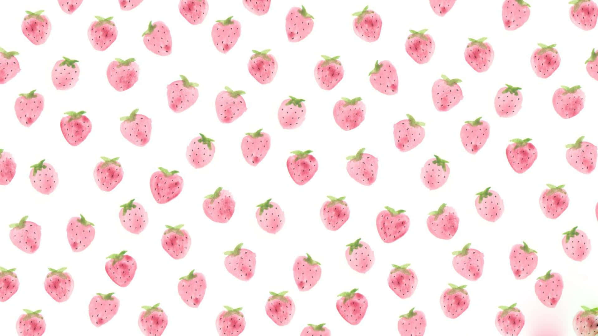 Kawaii Fruit 桌布 壁紙 — 一個水彩圖案，粉紅色草莓配綠色葉子散落在潔白背景上。