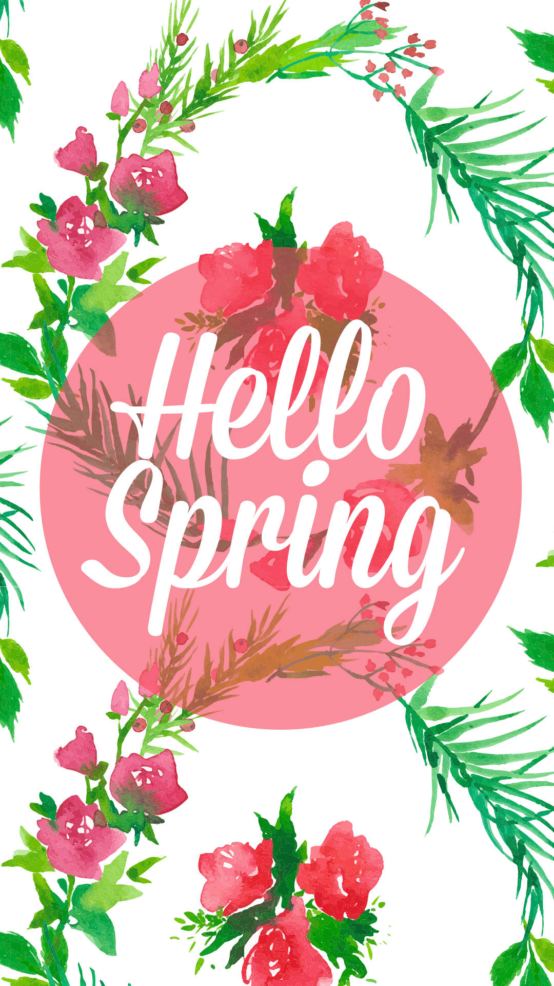 Hello Spring 白色草書文字在粉紅色圓圈內，周圍環繞水彩花卉和葉子。