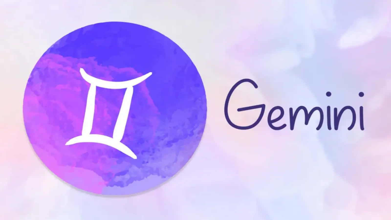 gemini 桌布 壁紙 — 一個水彩風格的雙子座星座符號，白色，位於紫色圓圈上，背景為柔和粉彩漸變色。