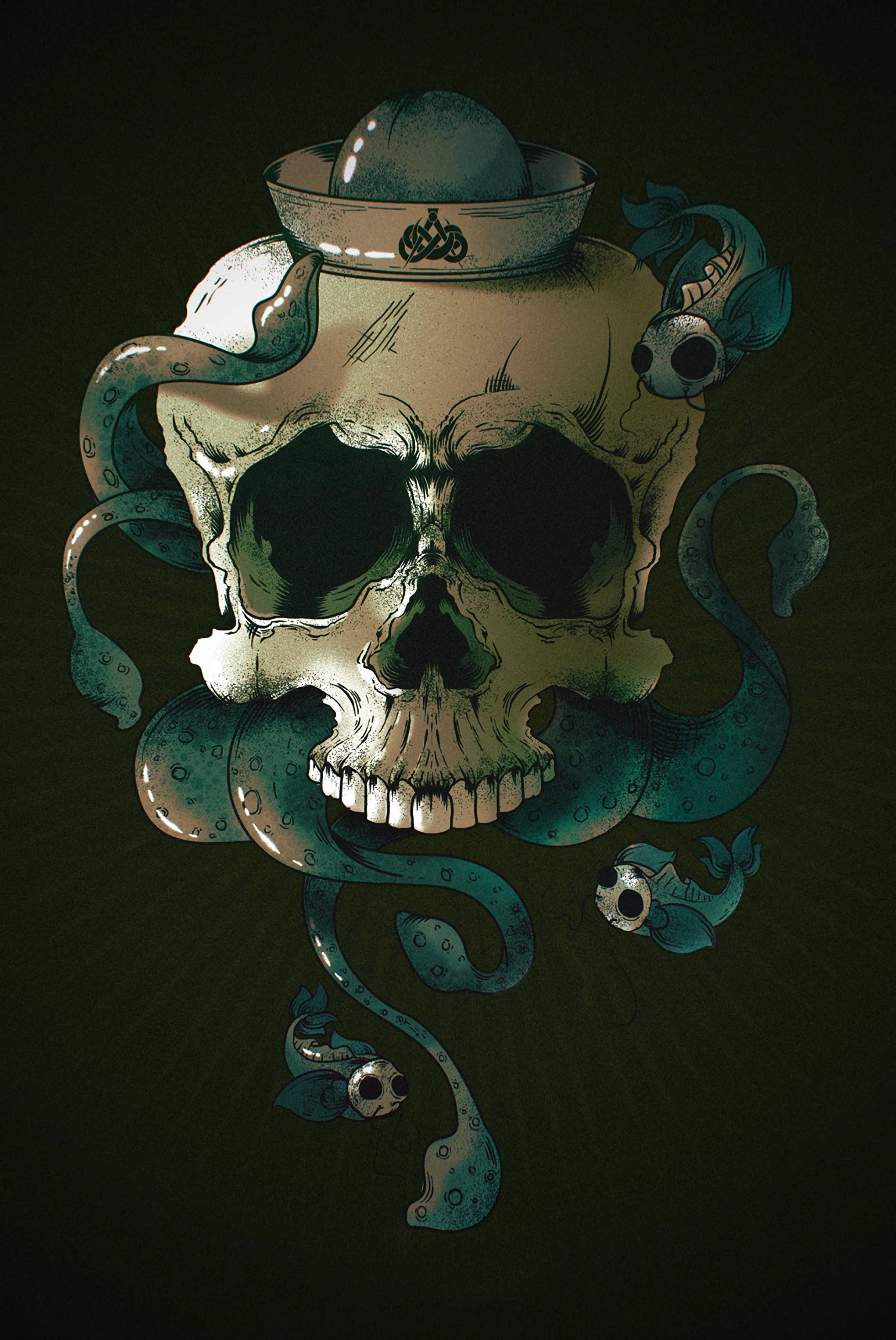 骷髏 桌布 壁紙 — 一個水手頭骨，飾有青綠色的觸手和魚，背景為深綠色。