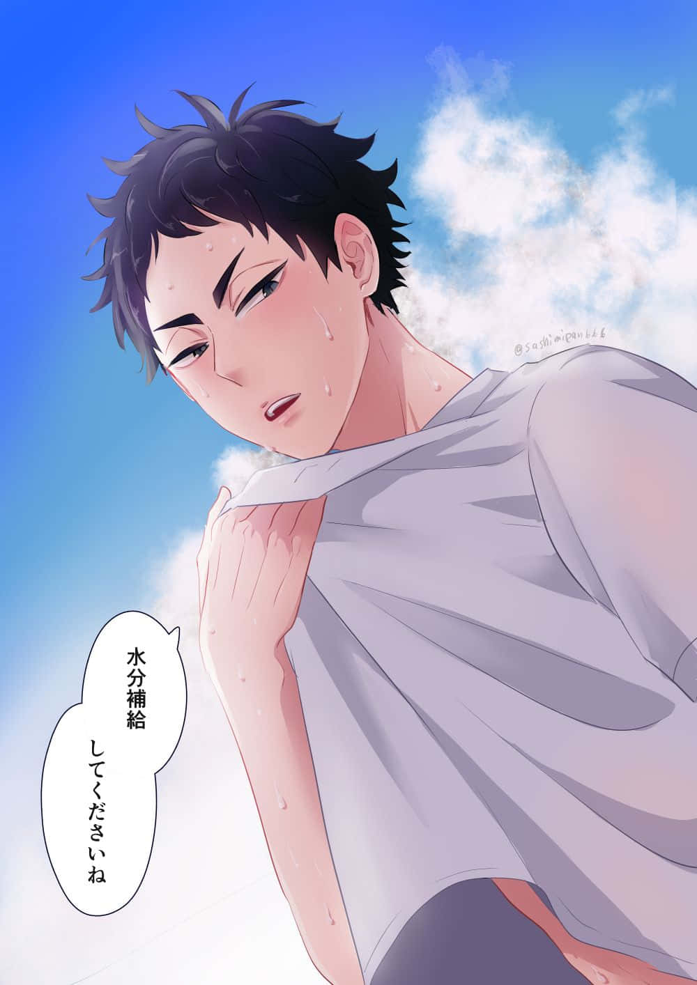 Keiji Akaashi 桌布 壁紙 — 一個汗流浹背嘅深色頭髮動畫男仔喺藍天白雲下睇起嚟好攰。