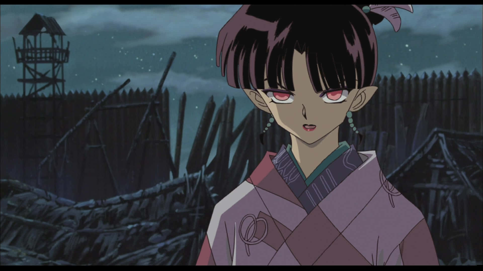 Inuyasha Kagura 桌布 壁紙 — 一個決心堅定的動漫女孩，紅眼睛，紫色頭髮，站在星空下的深色木柵欄前。