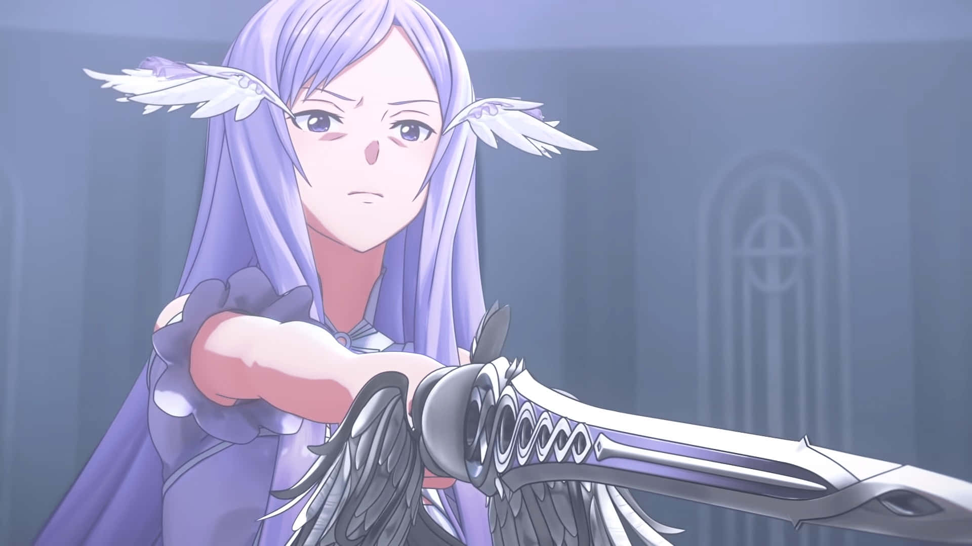 Sword Art Online Quinella 桌布 壁紙 — 一個決心堅定的動漫女孩，紫色頭髮和羽毛耳朵，在昏暗的哥德式房間裡握著一把精緻的劍。