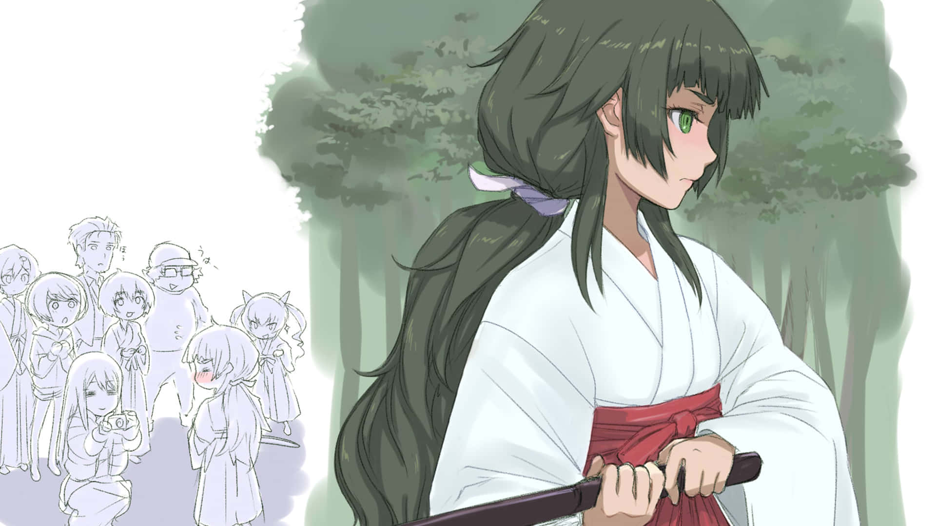 Maho Hiyajo 桌布 壁紙 — 一個決心堅定的動漫女孩，身穿白色和服配紅色腰帶，手持武士刀，而一群驚訝的旁觀者從樹後觀看。