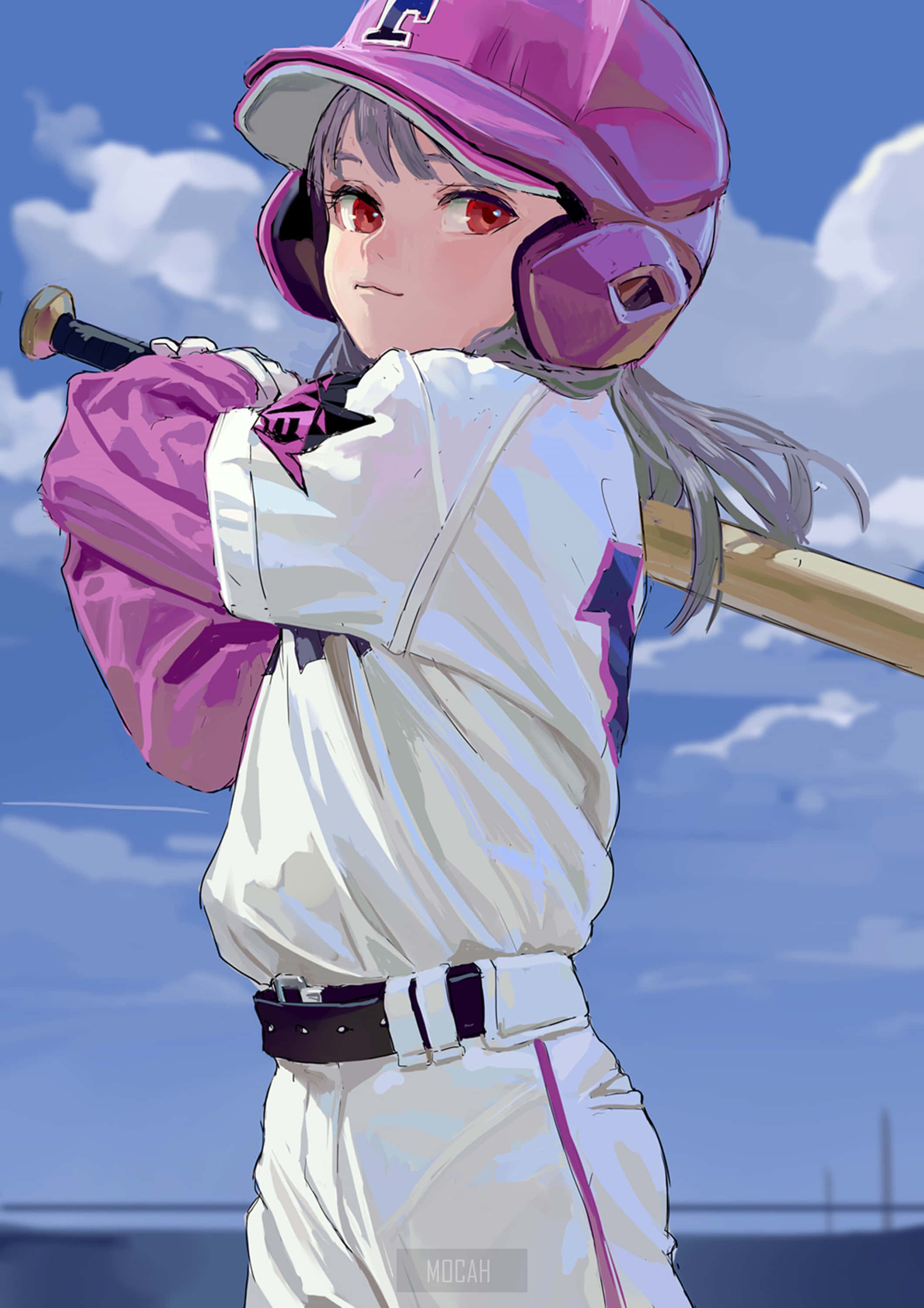 baseball bat 桌布 壁紙 — 一個決心堅定的動漫女孩，身穿粉紅色棒球制服，在藍天白雲下緊握球棒。