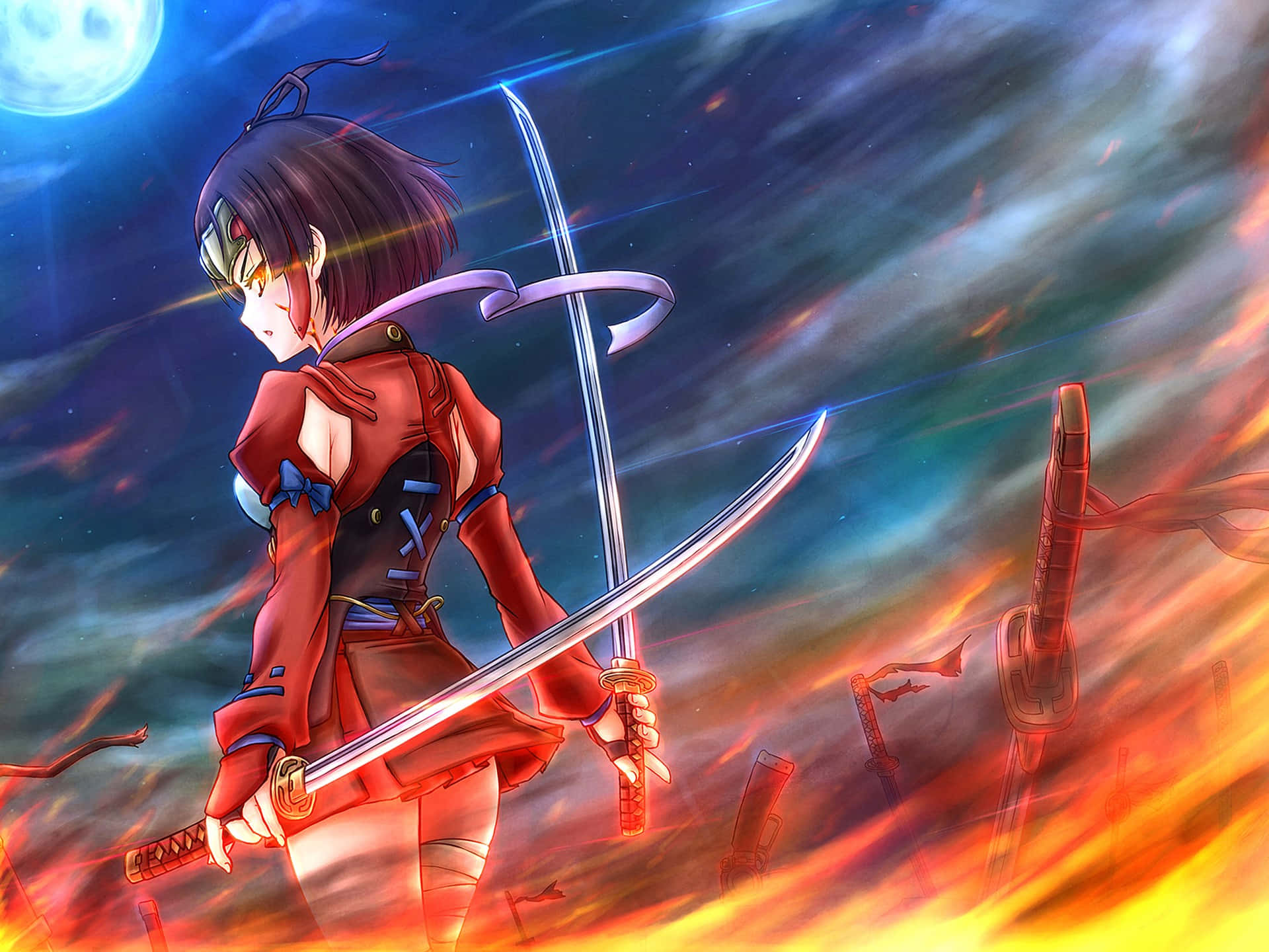 Kabaneri Of The Iron Fortress 桌布 壁紙 — 一個決心堅定的動漫女孩，身穿紅色盔甲，在滿月的火紅天空下揮舞著發光的劍。