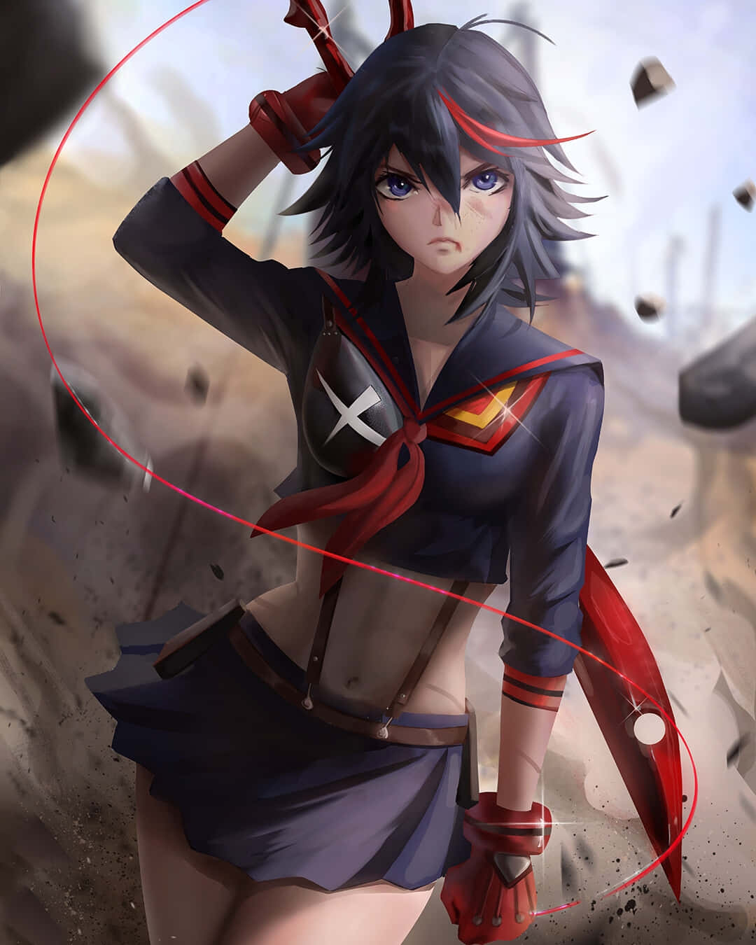 ryuko matoi 桌布 壁紙 — 一個決心堅定的動漫女孩，身穿藍色水手服，在飛揚的碎片和破碎的混凝土中揮舞著一把紅劍。