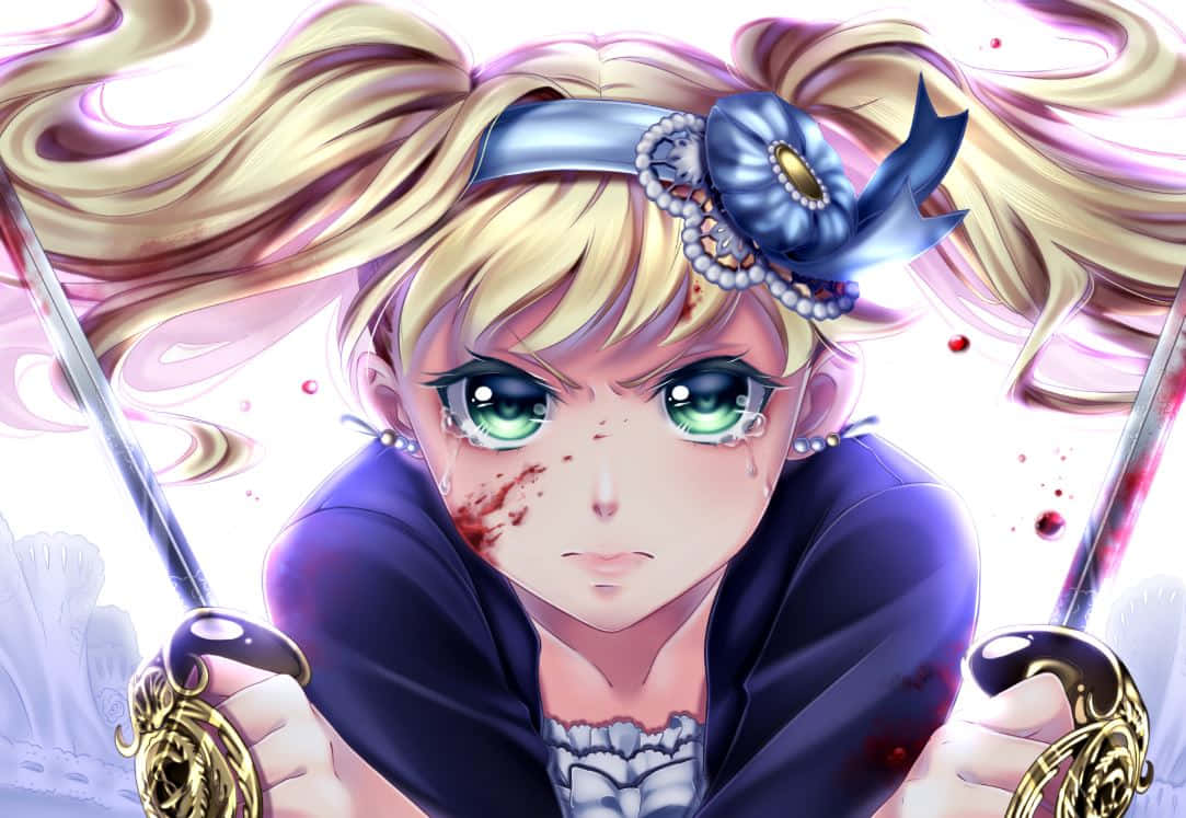 Elizabeth Midford 桌布 壁紙 — 一個決心堅定的動漫女孩，金色雙馬尾和綠色眼睛，緊握兩把華麗的劍，臉上沾滿血跡，背景是明亮的白色。