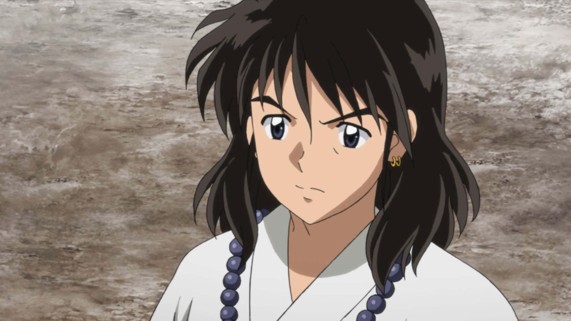 Miroku 桌布 壁紙 — 一個決心堅定的動漫女孩，黑髮藍眼，穿著白色長袍和紫色珠子，背景是粗糙的石頭。