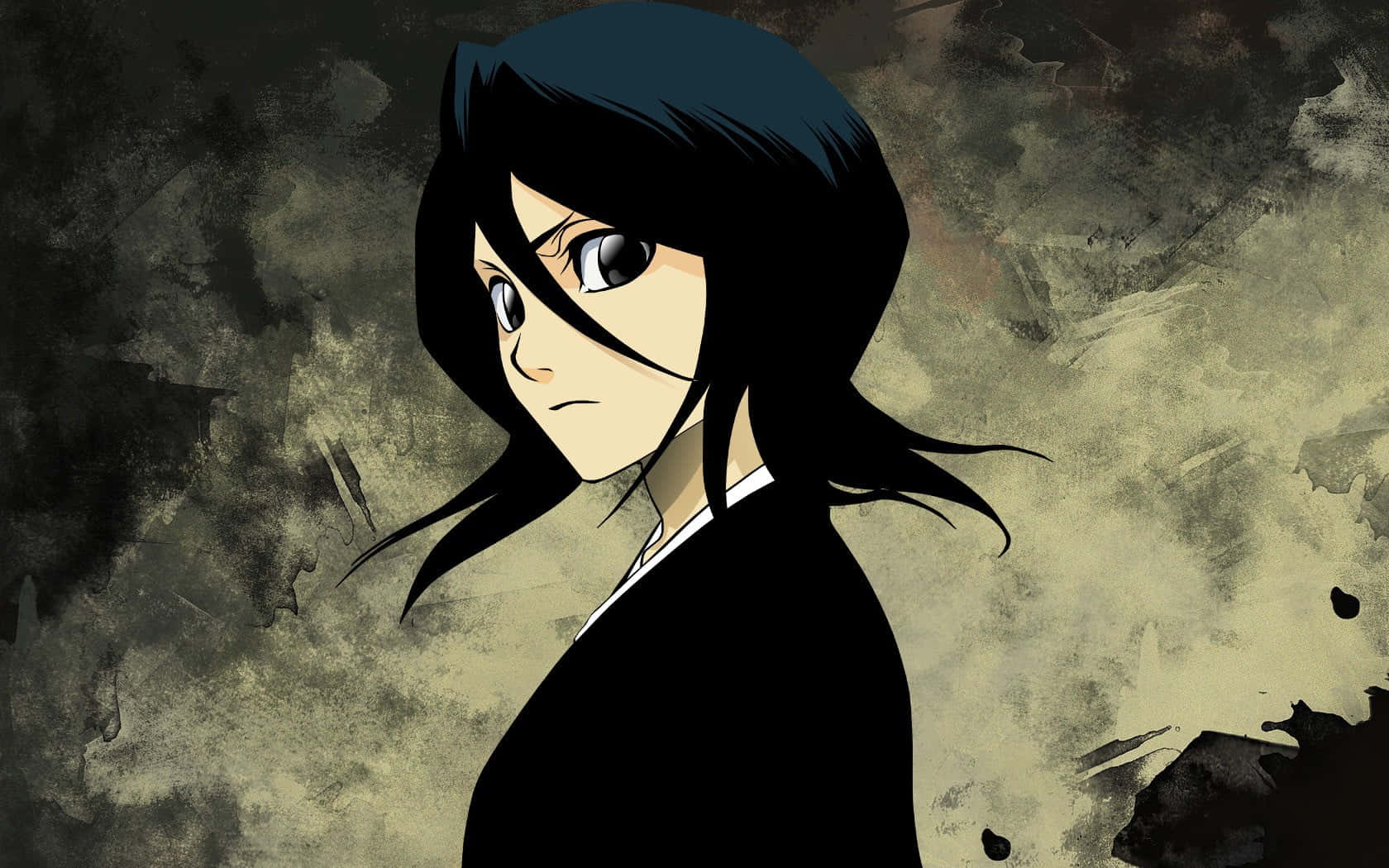 Rukia Kuchiki 桌布 壁紙 — 一個決心堅定的動漫女孩，黑髮銳眼，在粗糙紋理背景前凝視前方。