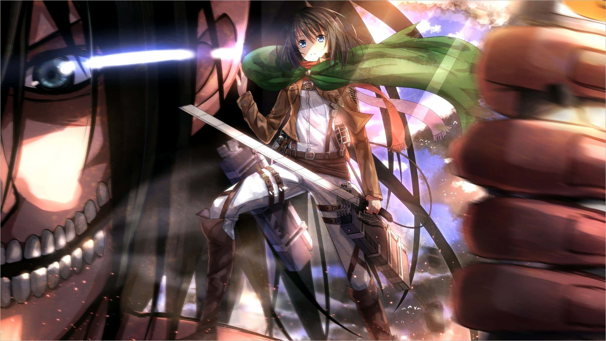 Attack On Titan Season 3 桌布 壁紙 — 一個決心堅定的動漫女孩穿著戰鬥裝備，在戲劇性的戰鬥場景中揮劍對抗巨人的逼近面孔。
