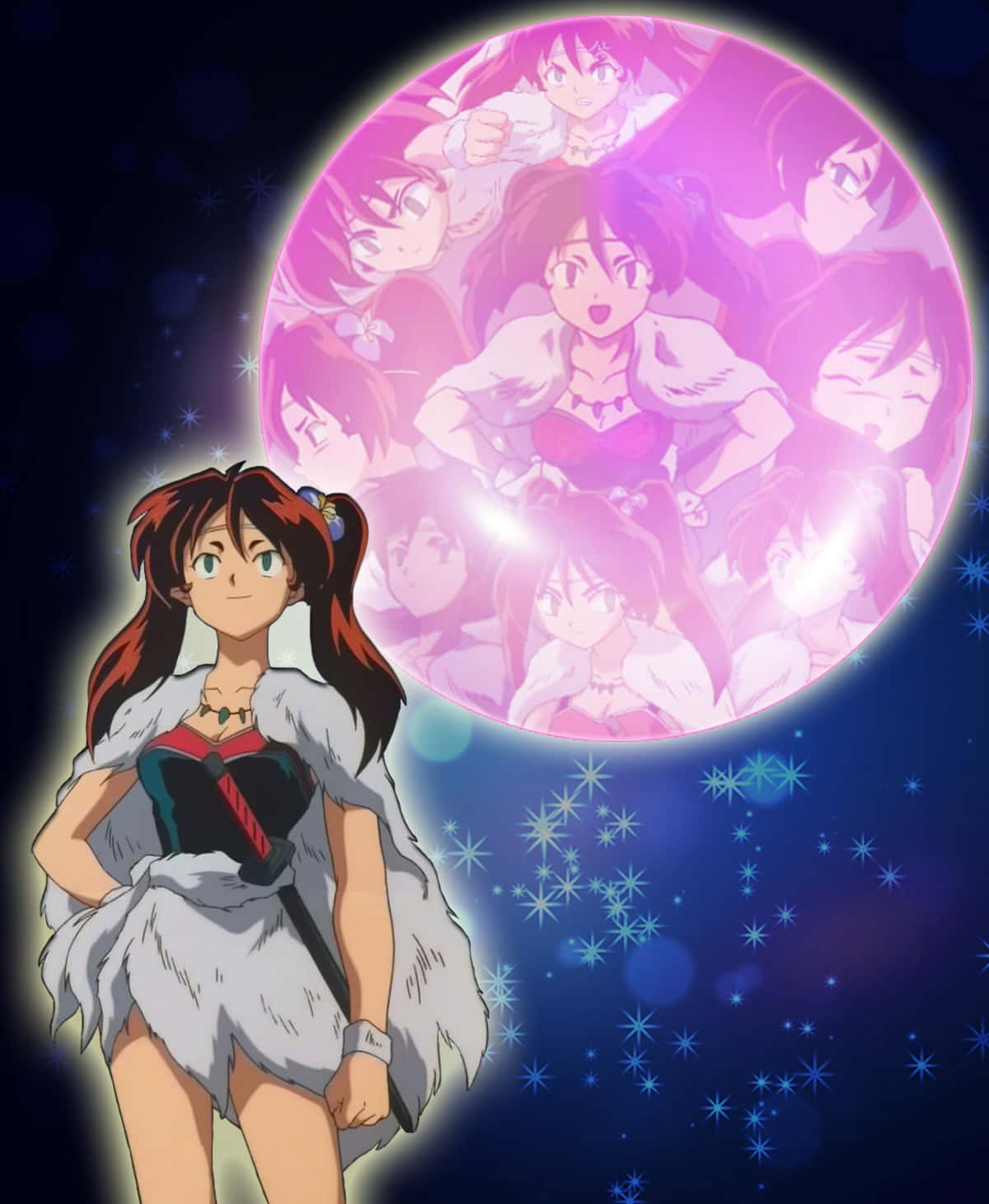 Inuyasha Ayame 桌布 壁紙 — 一個決心堅定的動漫女孩穿著毛皮襯裡的服裝，站在一個充滿她各種表情的發光粉紅色月亮前，背景是繁星點點的夜空。