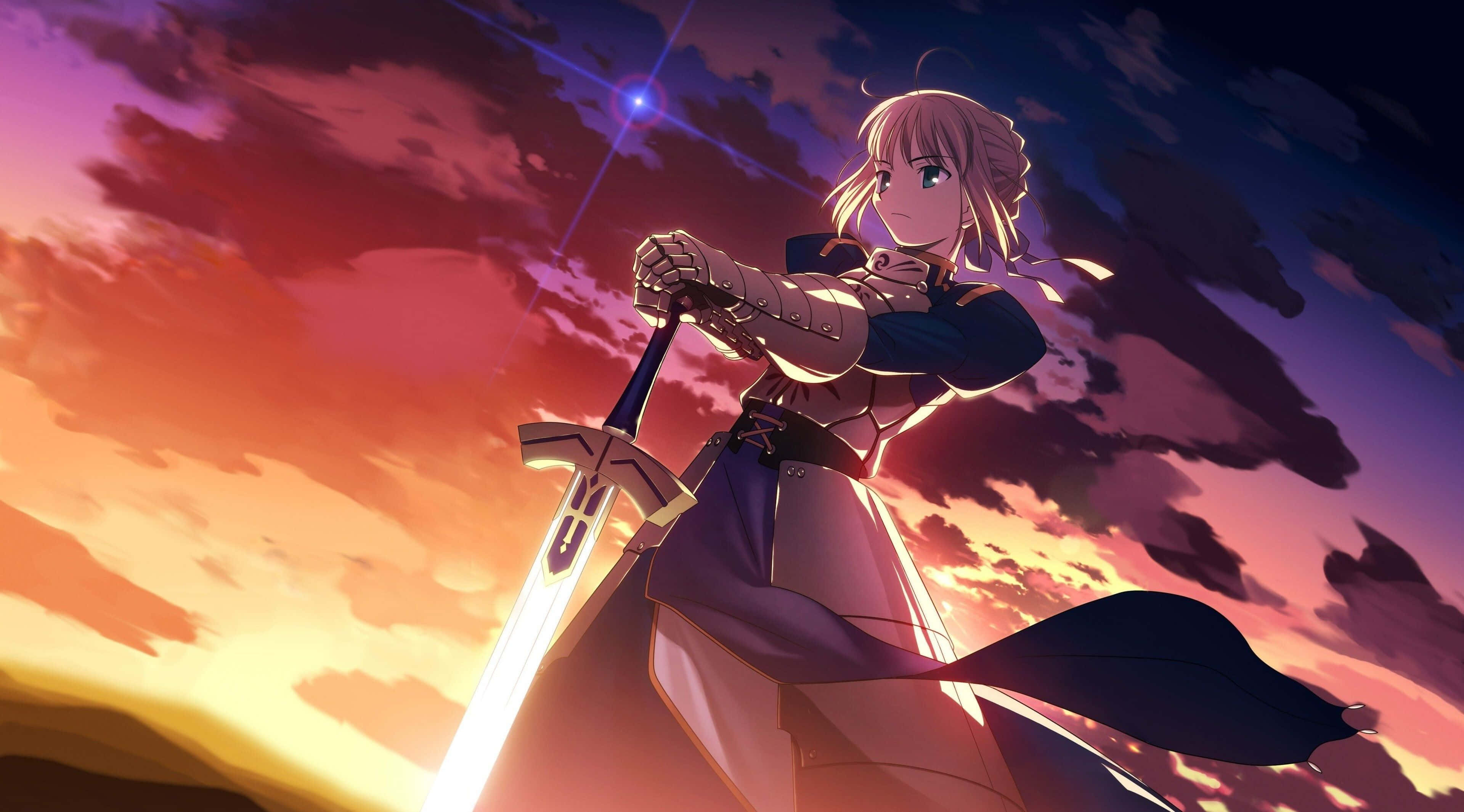 Anime Pc 桌布 壁紙 — 一個決心堅定的動漫女孩身穿盔甲，在戲劇性的雲彩映襯下，於熾熱的日落天空中緊握一把發光的劍。