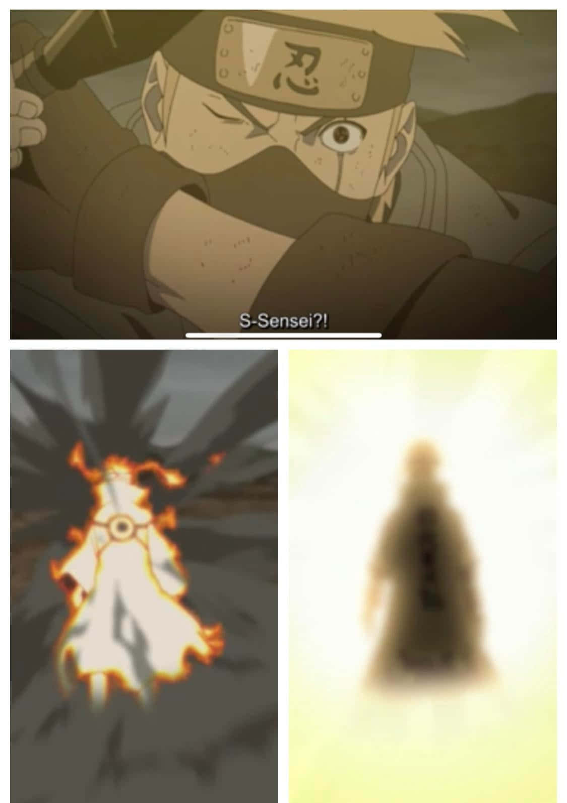 Kakashi And Minato 桌布 壁紙 — 一個決心堅定的動漫忍者戴著頭帶，大喊「S-Sensei!」，同時一個火焰般的靈魂和一個發光的剪影出現在他旁邊。