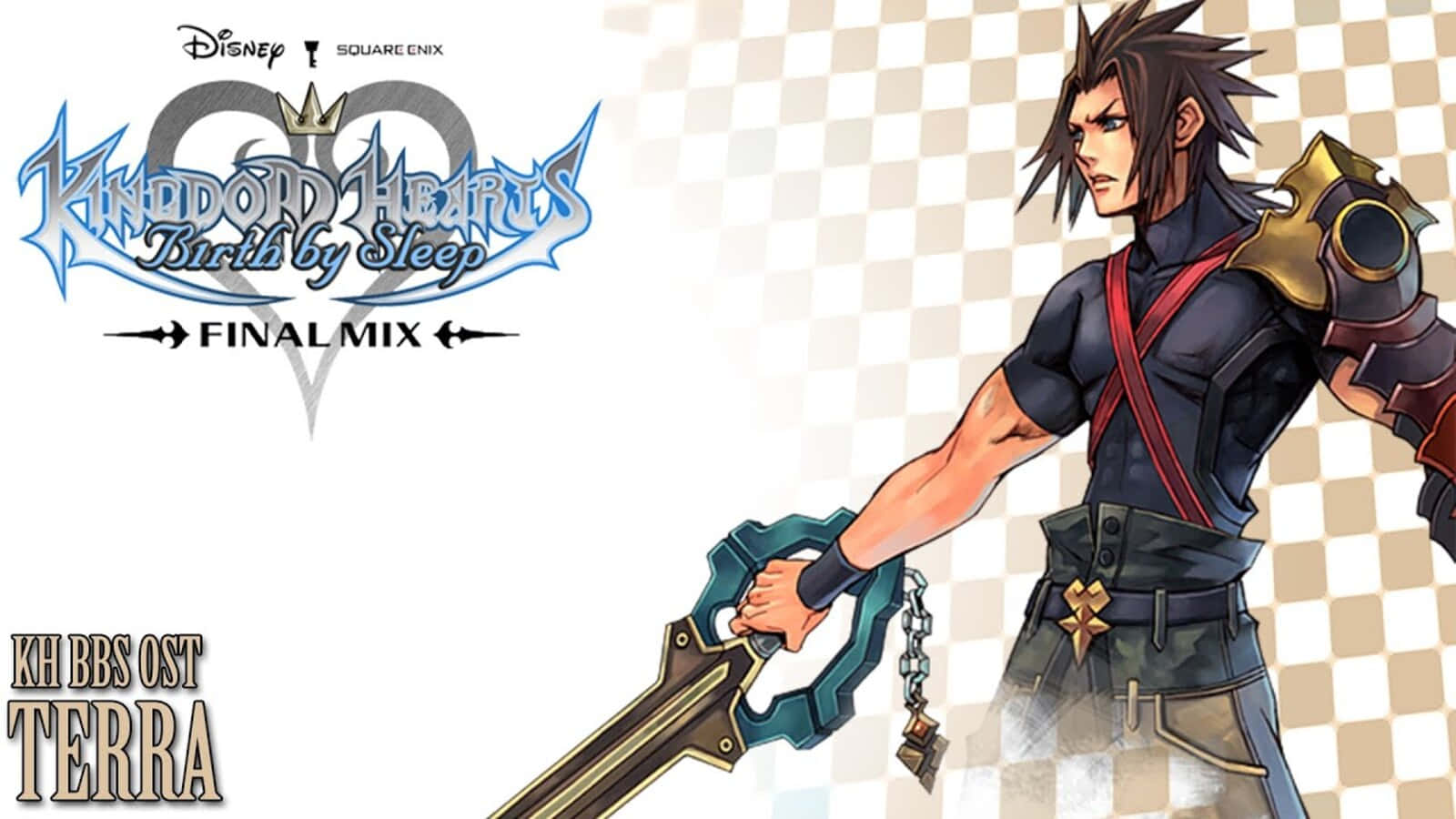 Kingdom Hearts Terra 桌布 壁紙 — 一個決心堅定的動漫戰士，擁有尖刺頭髮，在方格背景和遊戲標題文字中揮舞著一把巨大的鑰刃。