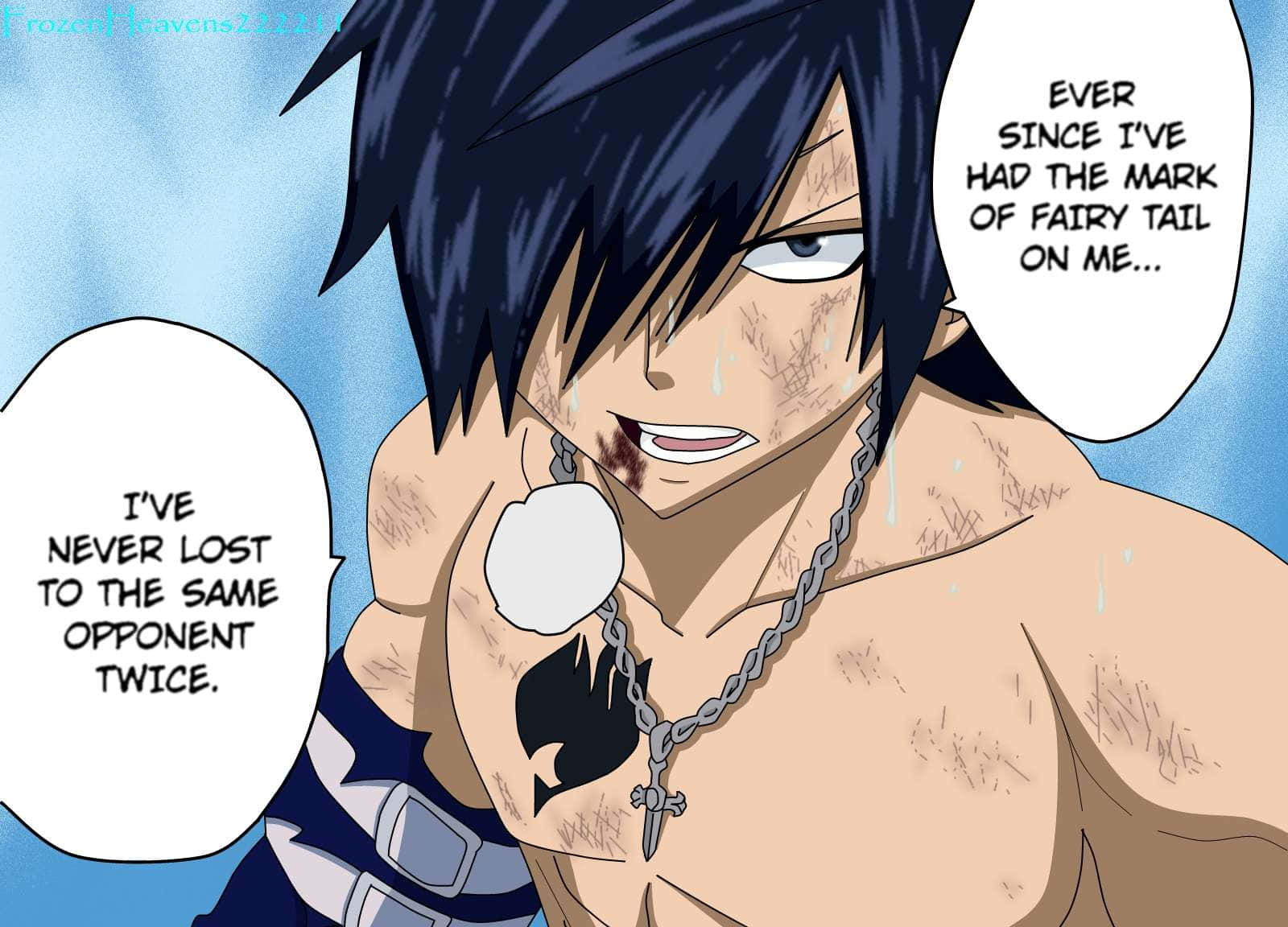 Gray Fullbuster 桌布 壁紙 — 一個決心堅定的動漫戰士，黑髮，胸前有妖精尾巴標記，在藍天背景下以強烈的決心說話。