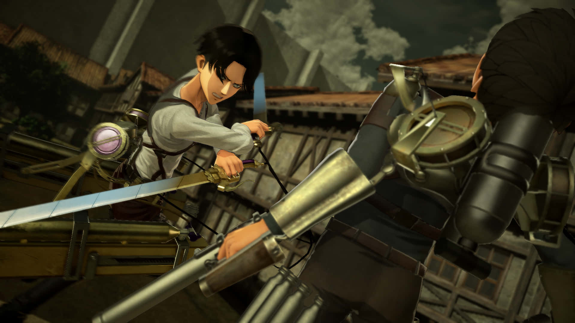Aot 2 Final Battle 桌布 壁紙 — 一個決心堅定的動漫戰士身穿機械裝甲，在廢墟城市景觀中與裝甲對手交鋒。