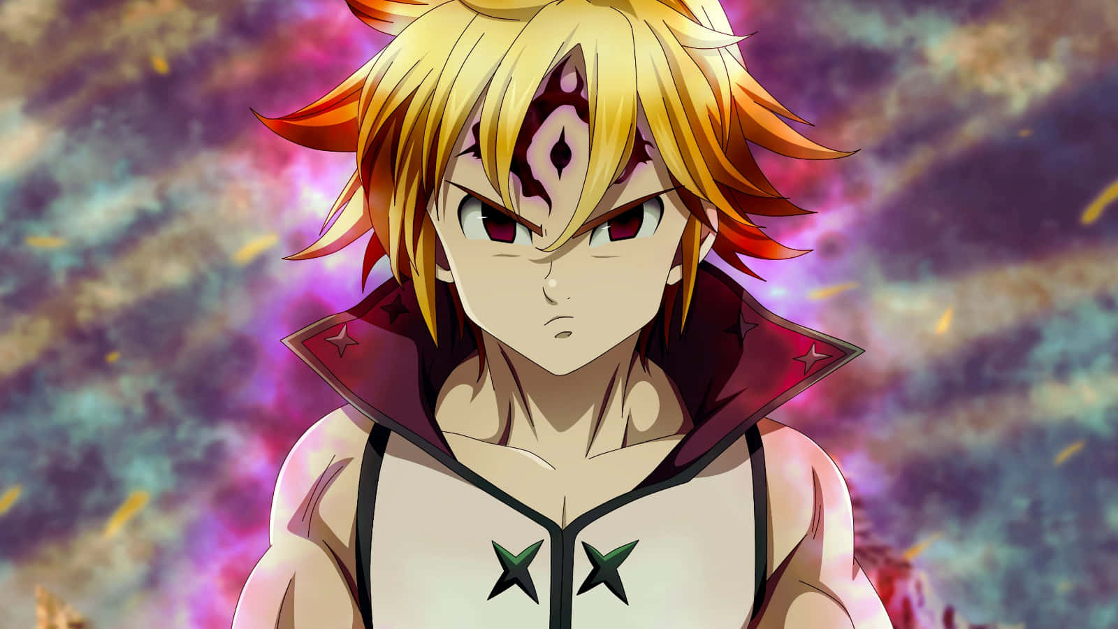 The Seven Deadly Sins 桌布 壁紙 — 一個決心堅定的動漫男孩，擁有尖刺金髮和紅色眼睛，在旋轉的宇宙背景下向前凝視。
