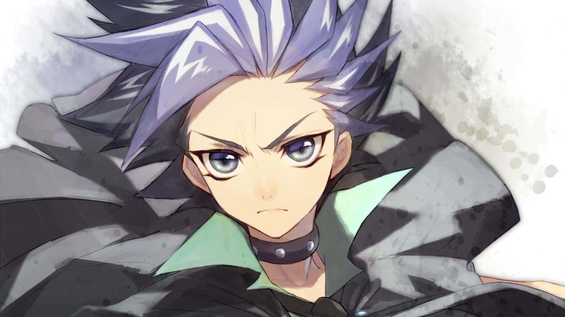 Yu-gi-oh Yuto 桌布 壁紙 — 一個決心堅定的動漫男孩，擁有尖刺紫色頭髮和強烈的藍色眼睛，在動態特寫中向前凝視。
