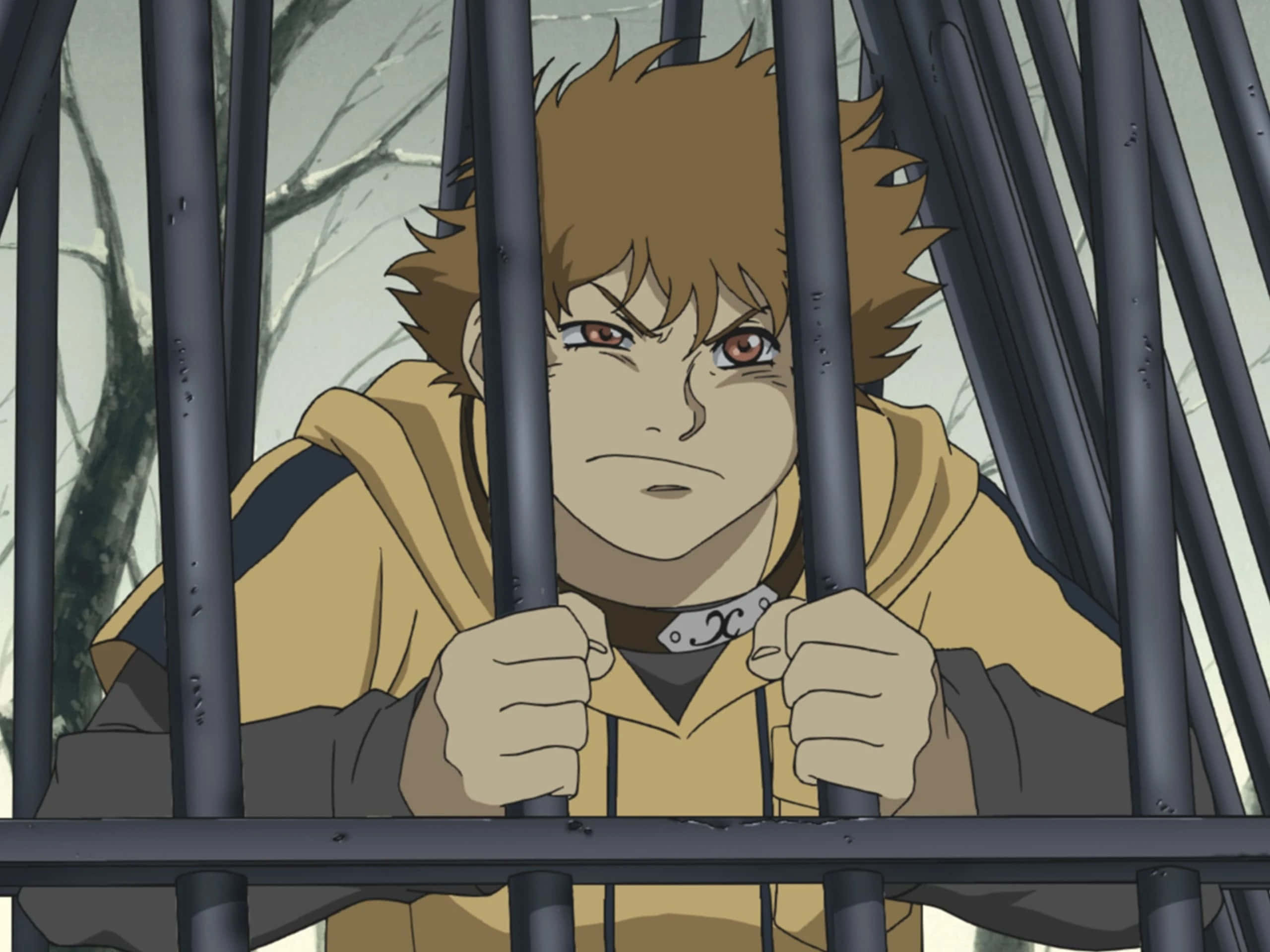 Wolf's Rain Hige 桌布 壁紙 — 一個決心堅定的動漫男孩，棕色刺蝟頭，雙手緊握籠子的金屬欄杆，他強烈的紅色眼睛在陰沉的冬季背景下直視前方。