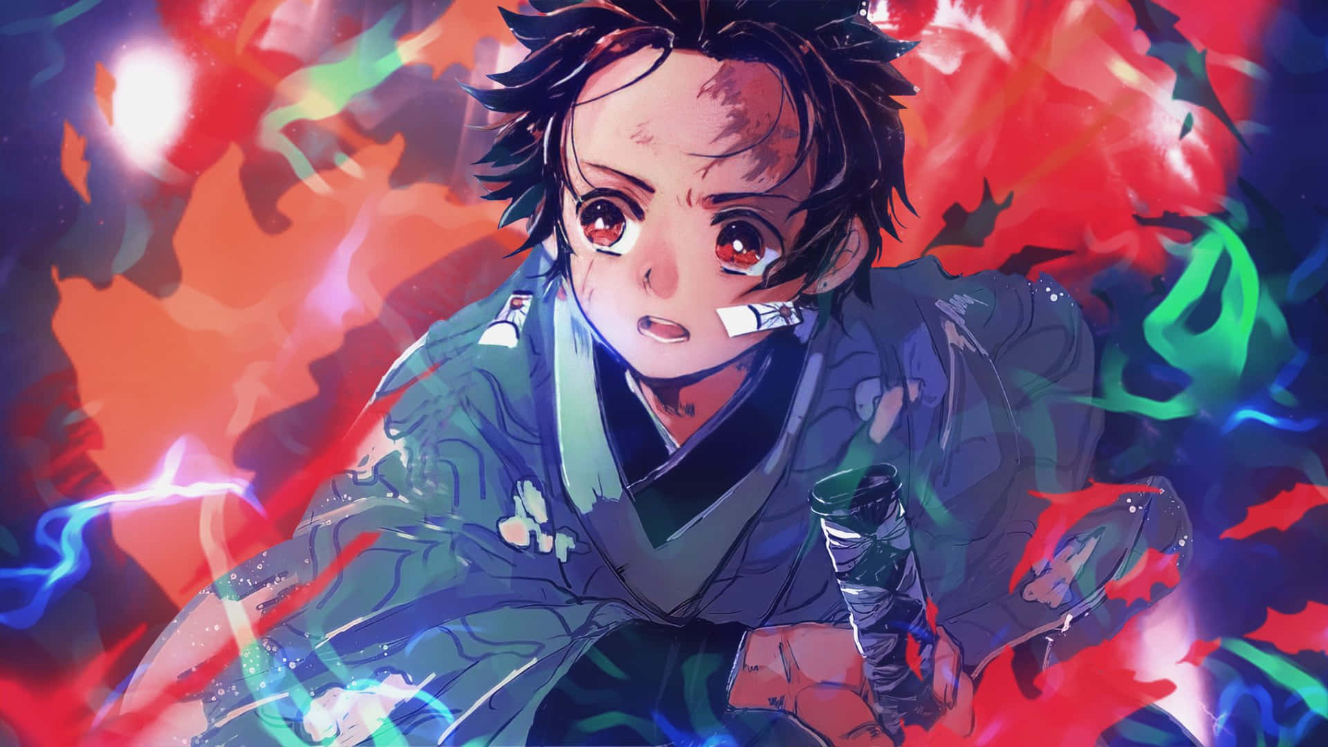 炭治郎 桌布 壁紙 — 一個決心堅定的動漫男孩，紅眼睛，黑頭髮，在旋轉的紅、綠、藍能量中揮舞著劍。