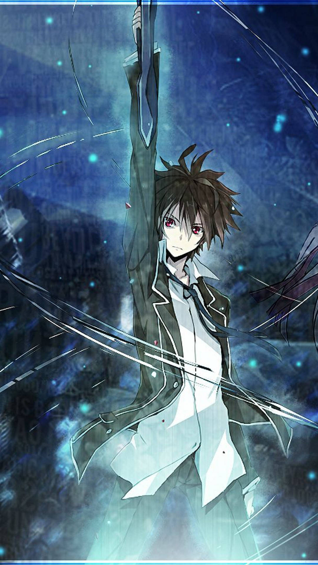 動漫男孩 桌布 壁紙 — 一個決心堅定的動漫男孩，紅眼睛、棕色頭髮，在帶有能量條紋的宇宙藍色背景前揮舞著發光的劍。