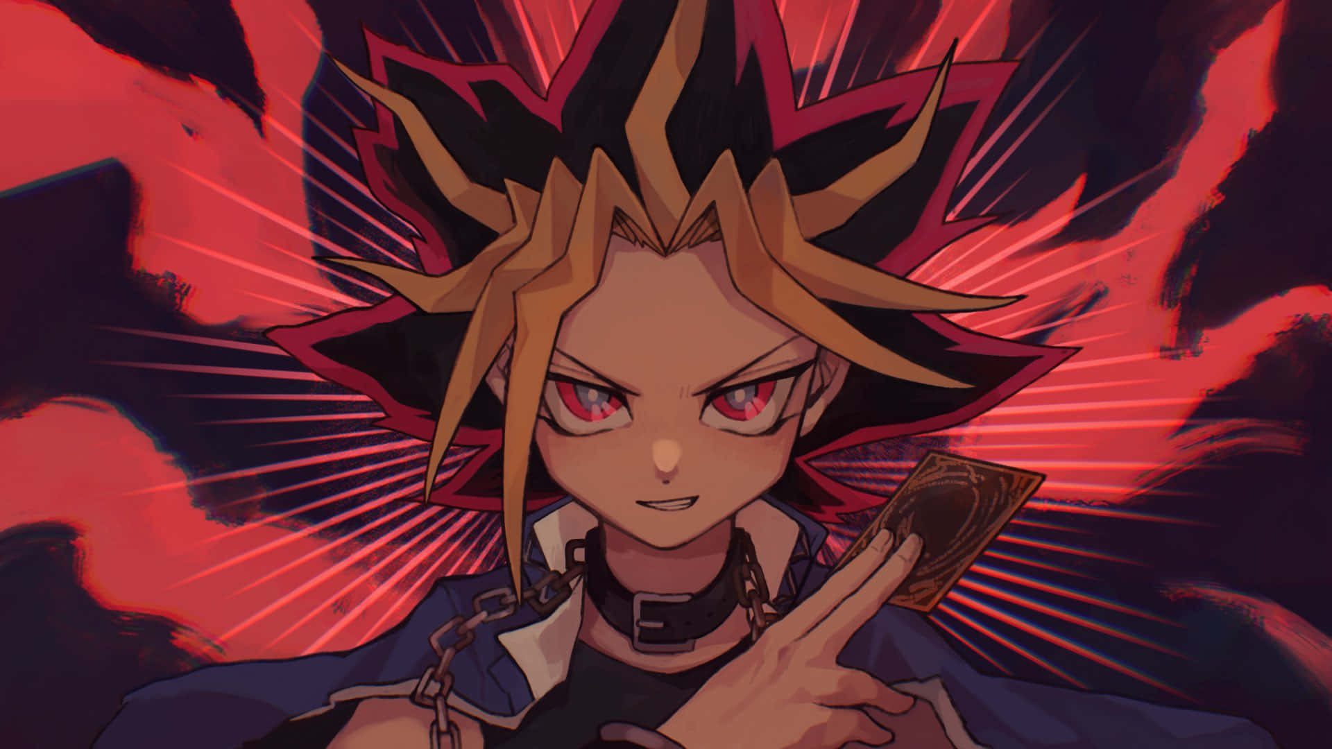 Yami Yugi 桌布 壁紙 — 一個決心堅定的動漫男孩，金色刺蝟頭和紅色眼睛，在帶有放射線的熾熱紅色背景前拿著一張卡片。